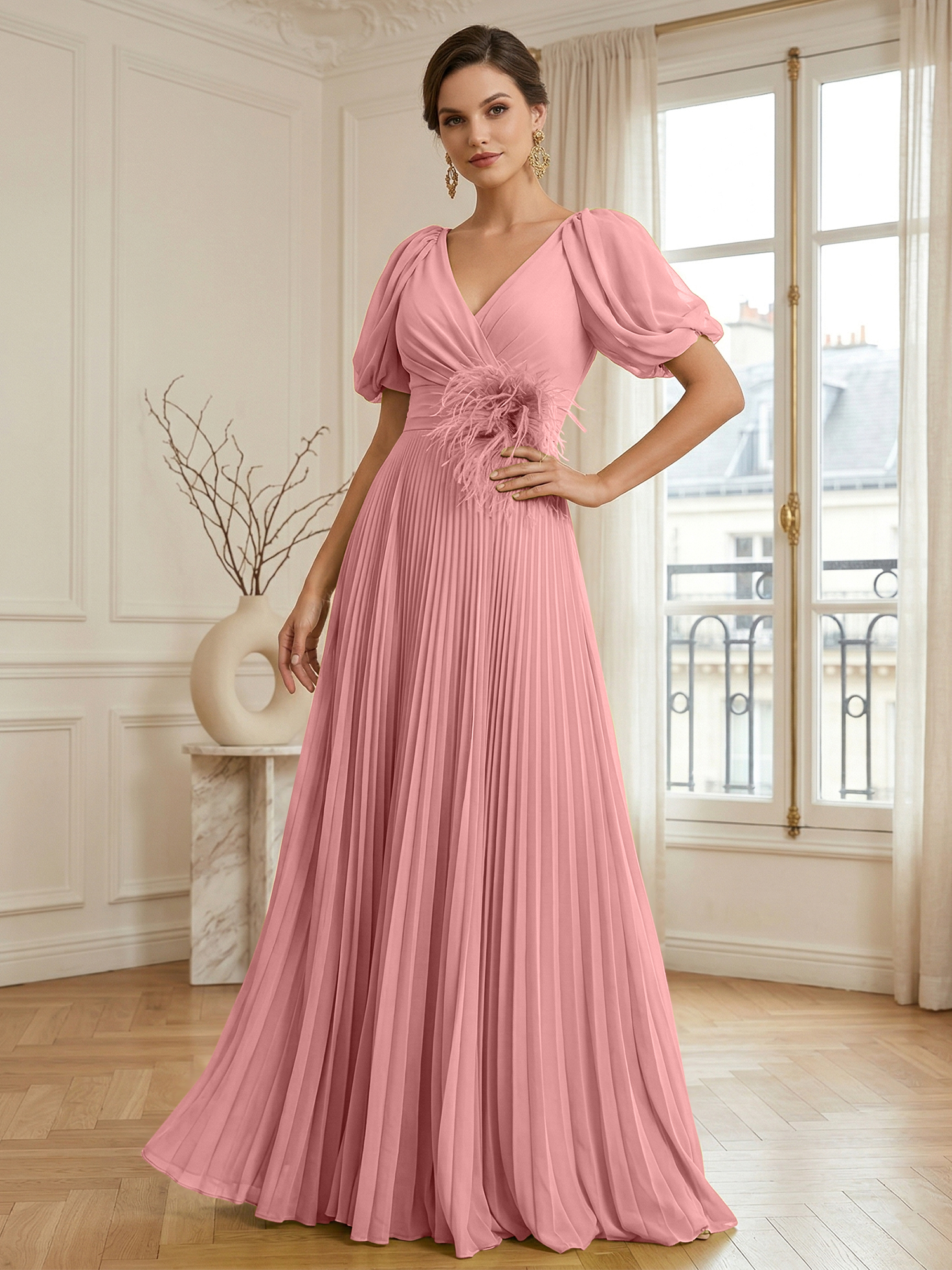 A-Line Chiffon Evening Gown with Feather V-Neck Short Sleeves Formal Dress