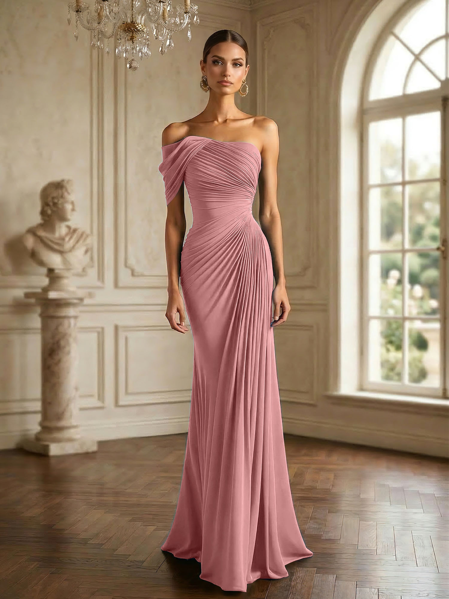One Shoulder Pleat Mermaid Chiffon Evening Dresses for Women Gown