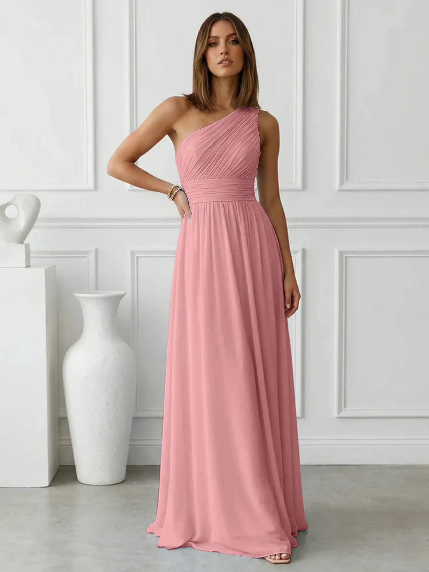 One-Shoulder Pleated Chiffon A-Line Evening Dress