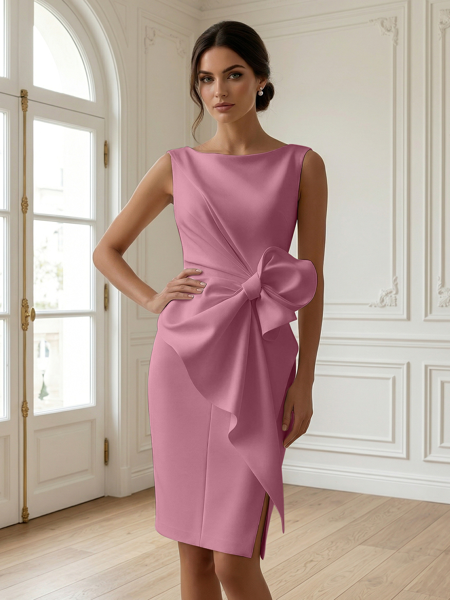 White 3D Bow Sleeveless Sheath Midi Dress Evening Gown