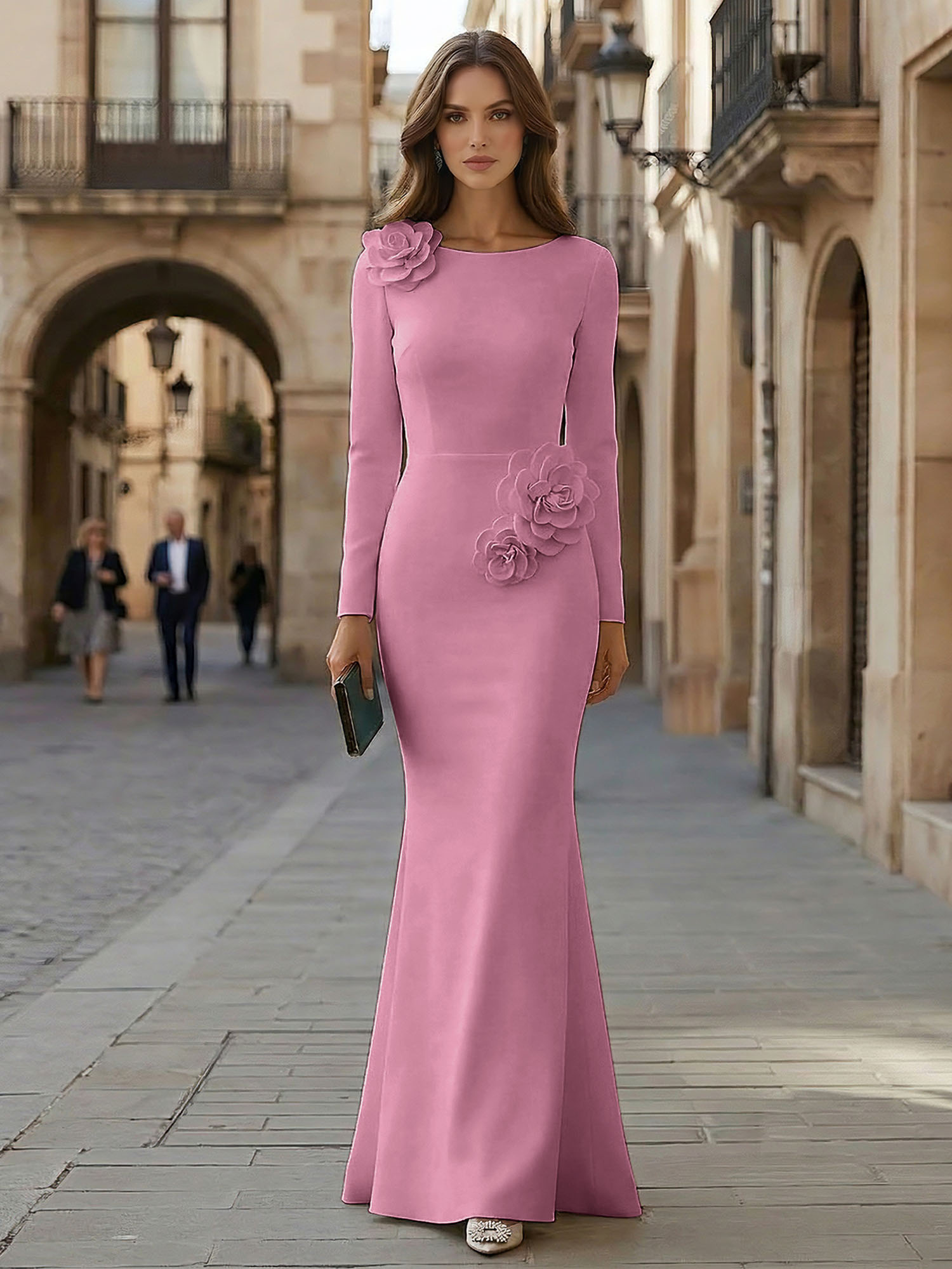 Elegant Pure White Formal Evening Dress Long-Sleeve 3D Floral Crepe Maxi Dress Gown