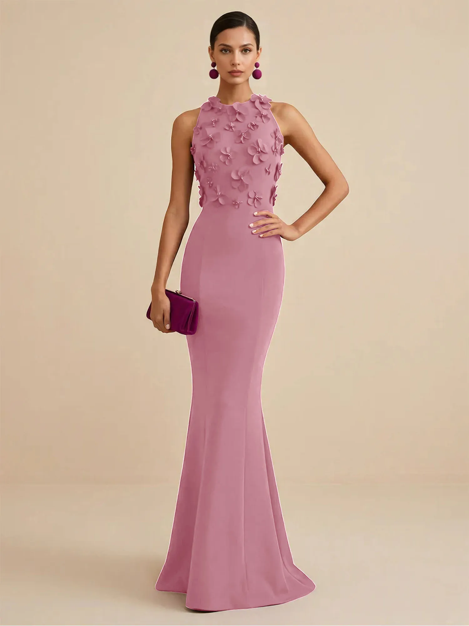 Scoop Neck 3D Floral Appliqué Crepe Mermaid Evening Gown