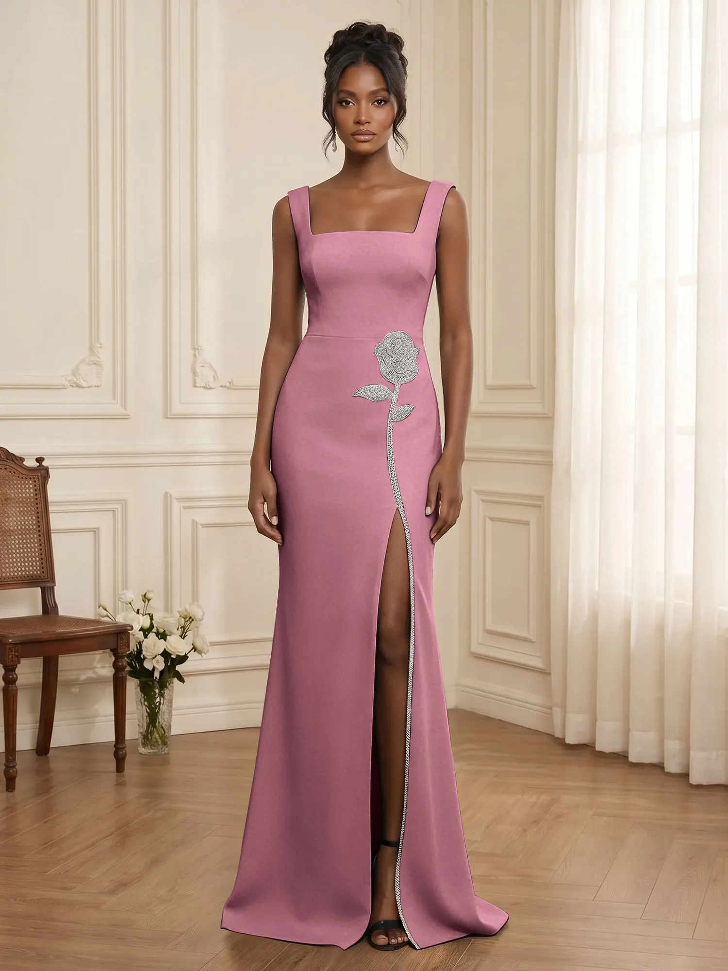 Square Neck Crystal Rose Appliqué Crepe Mermaid Evening Gown