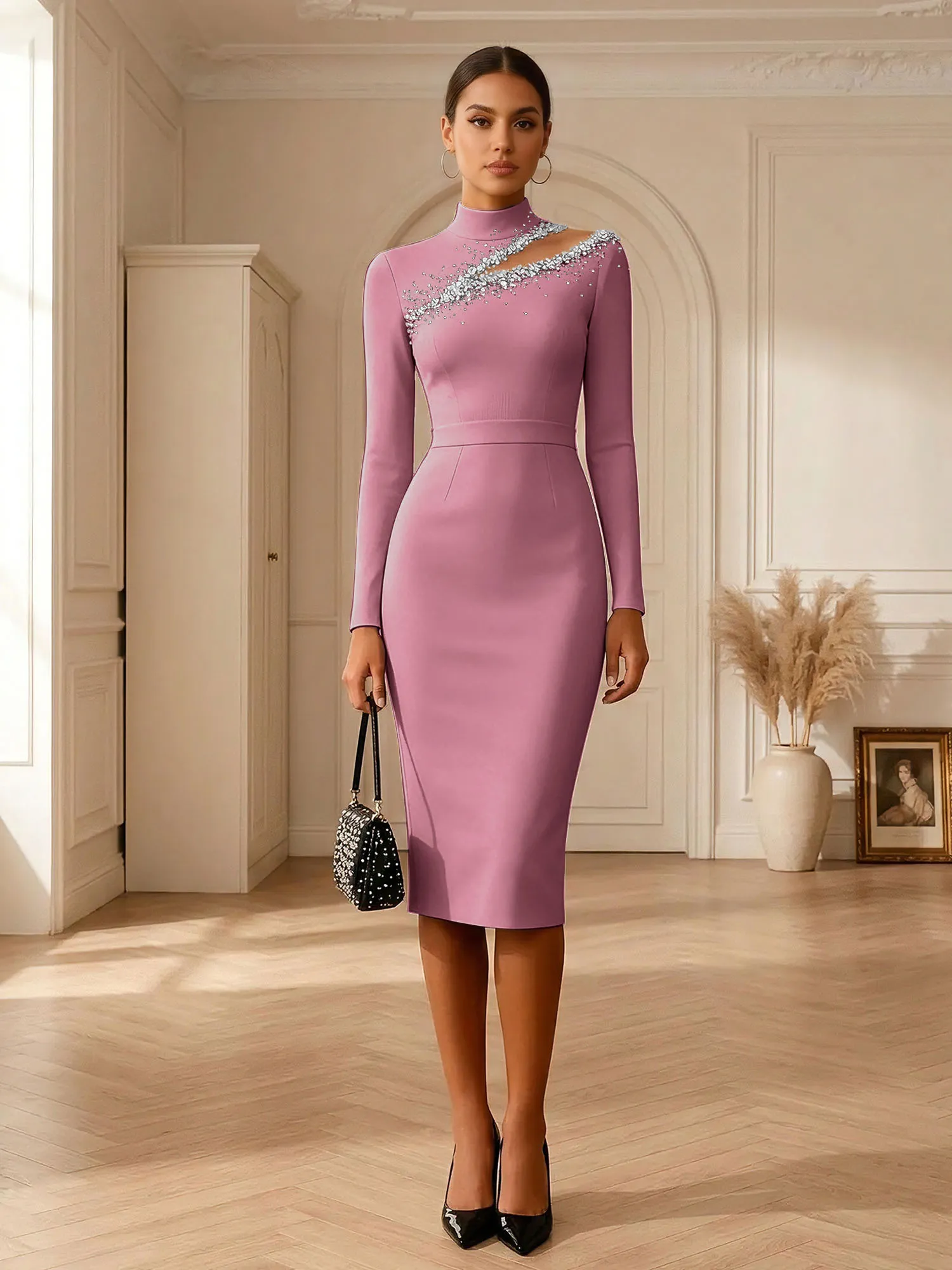 High Neck Cutout Rhinestone Knit Midi Evening Dress