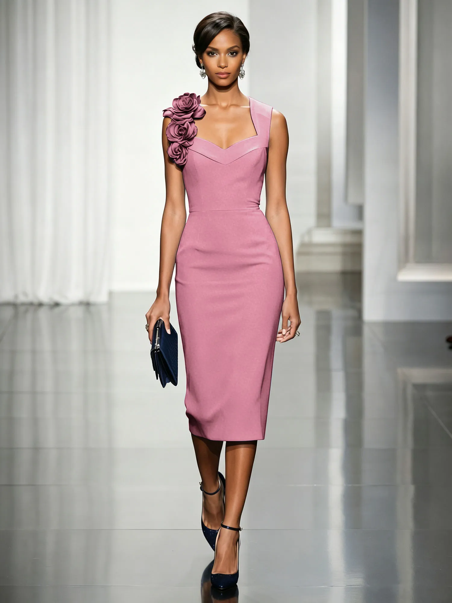 Asymmetric Neckline Crepe Midi Dress with 3D Floral Appliqué