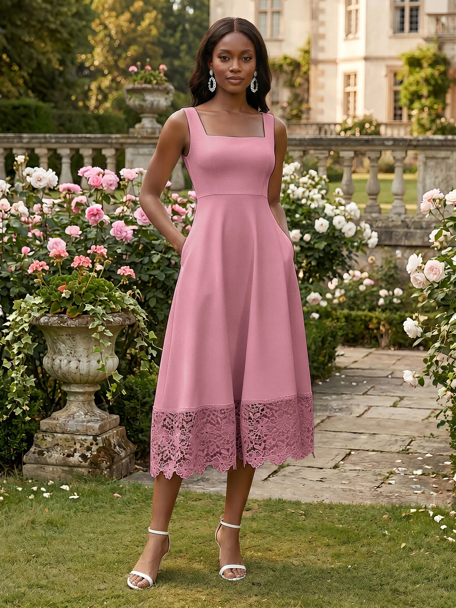 Square Neck Crepe Midi Evening Dress with Lace Hem