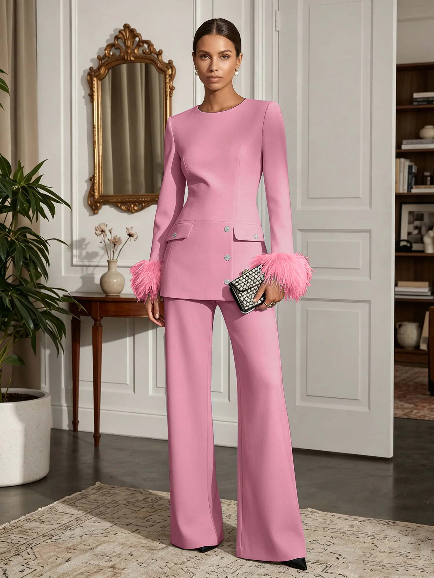 Scoop Neck Feather Cuff Tailored Evening Pant Suit