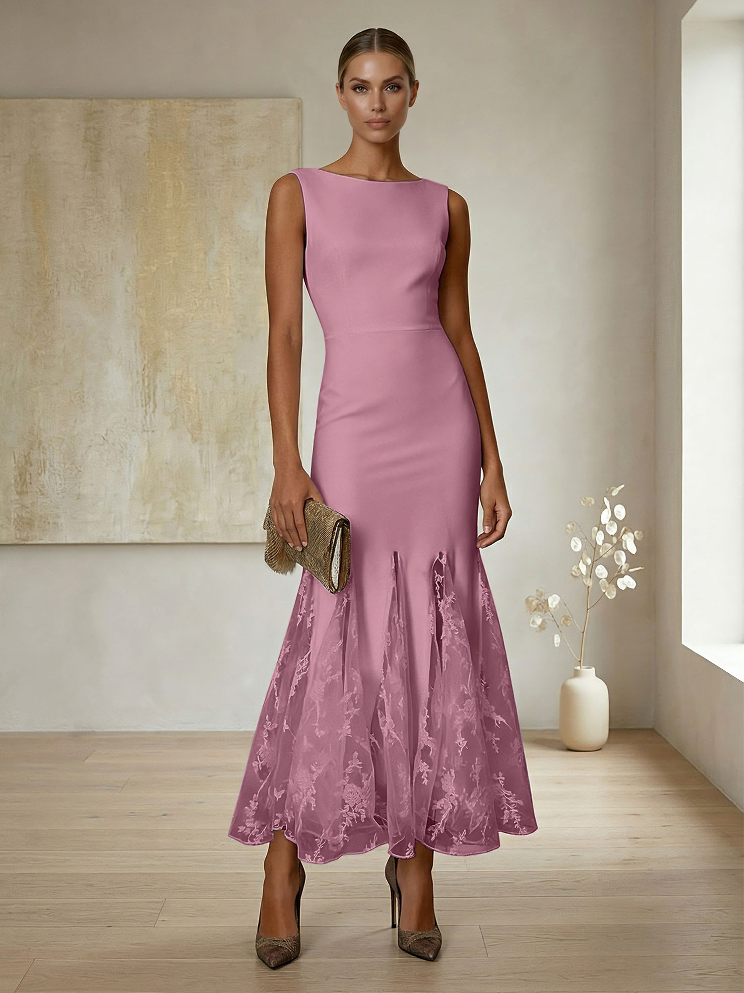 Elegant Formal Evening Gown Lilac Sleeveless Midi Dress with Embroidered Lace Godets