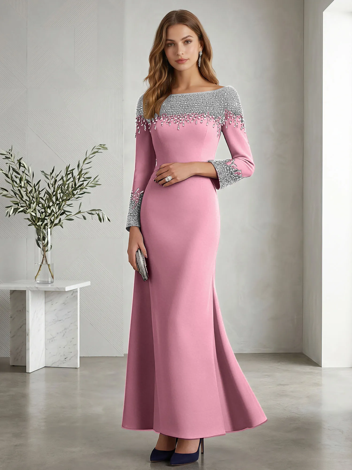 Beaded Off-the-Shoulder Long Sleeve Mermaid Evening Gown