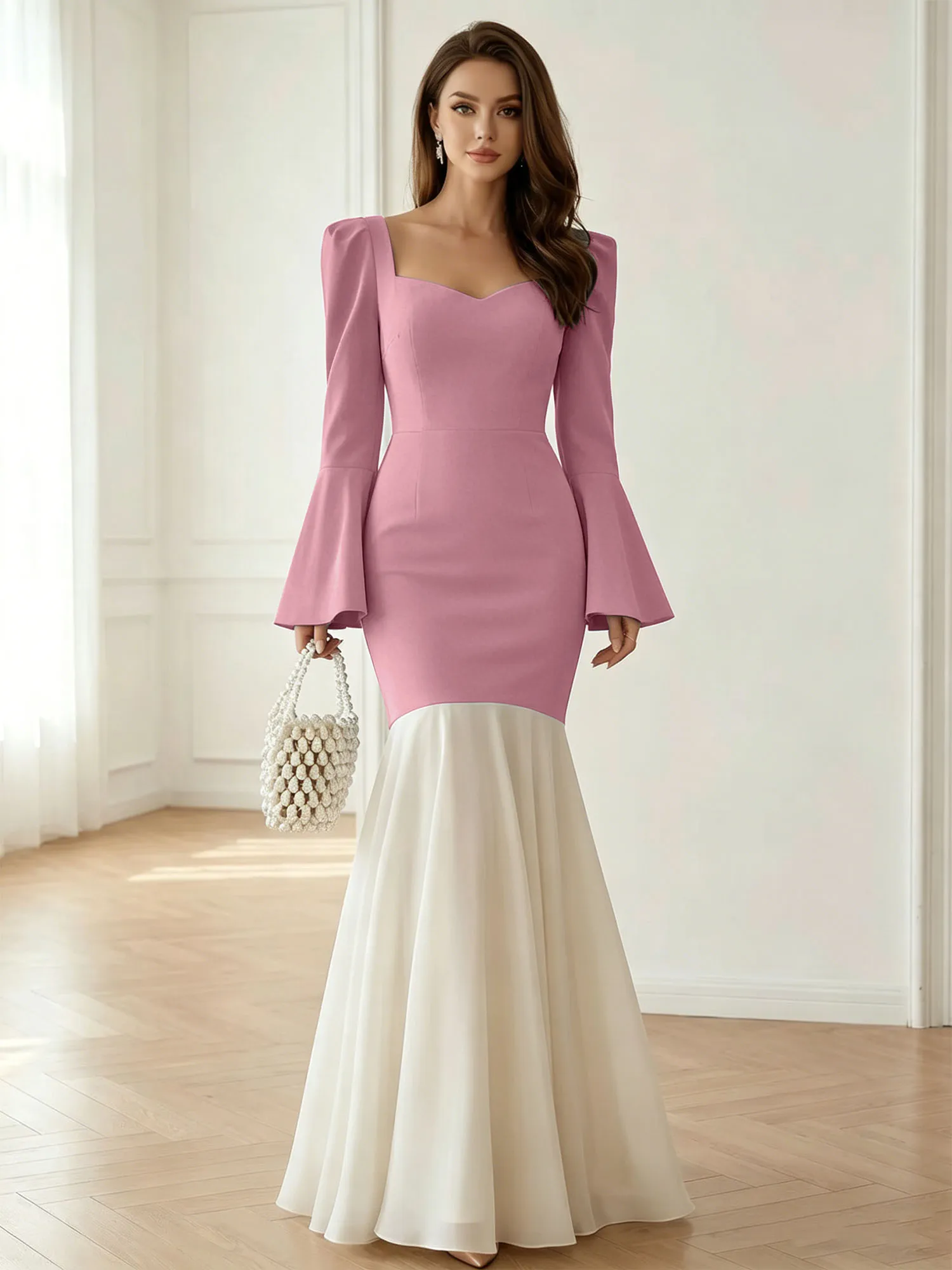 Sweetheart Neck Bell Sleeve Two-Tone Mermaid Evening Gown