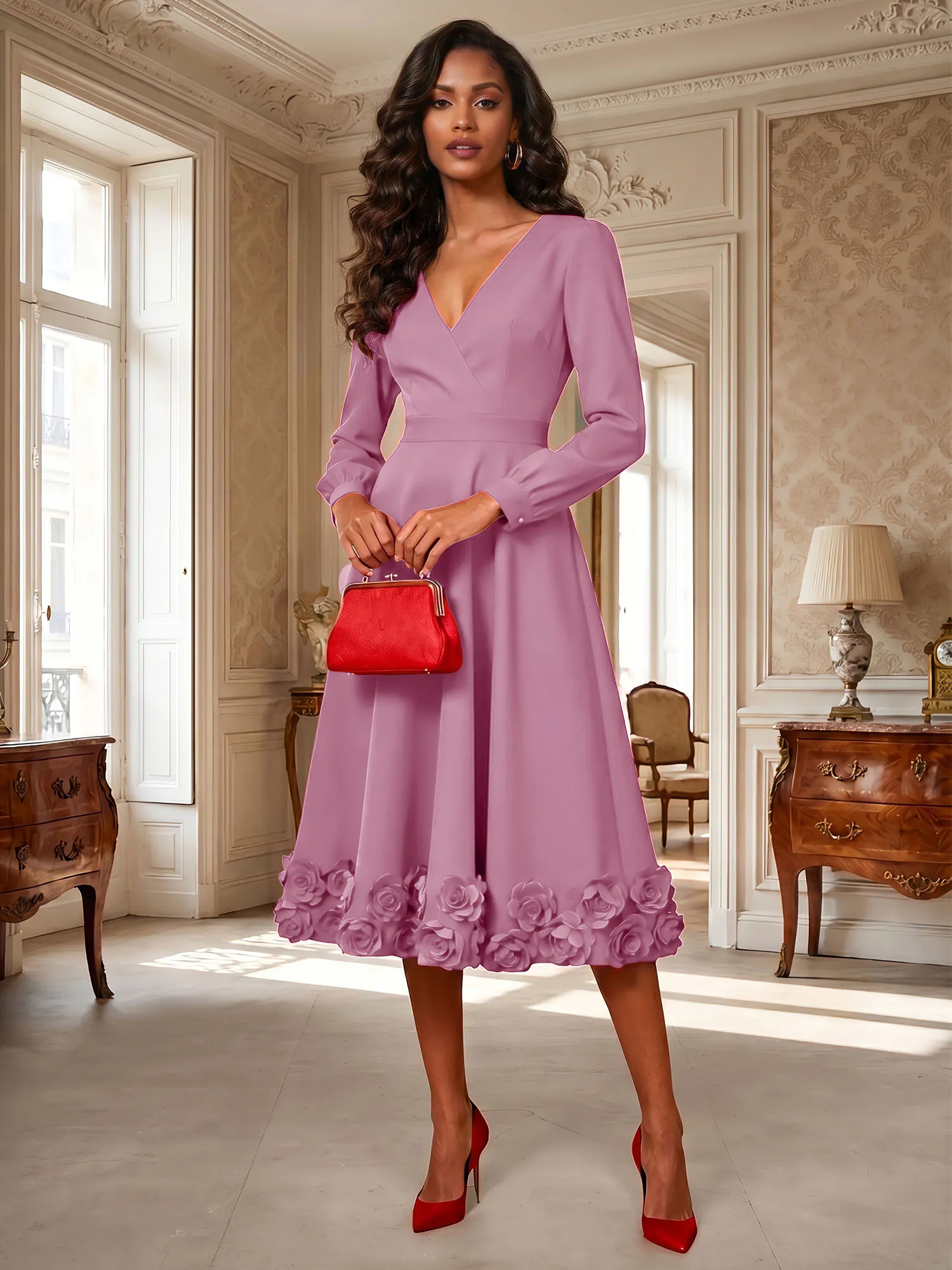 V-Neck Long Sleeve A-Line Midi Evening Dress with 3D Floral Hem