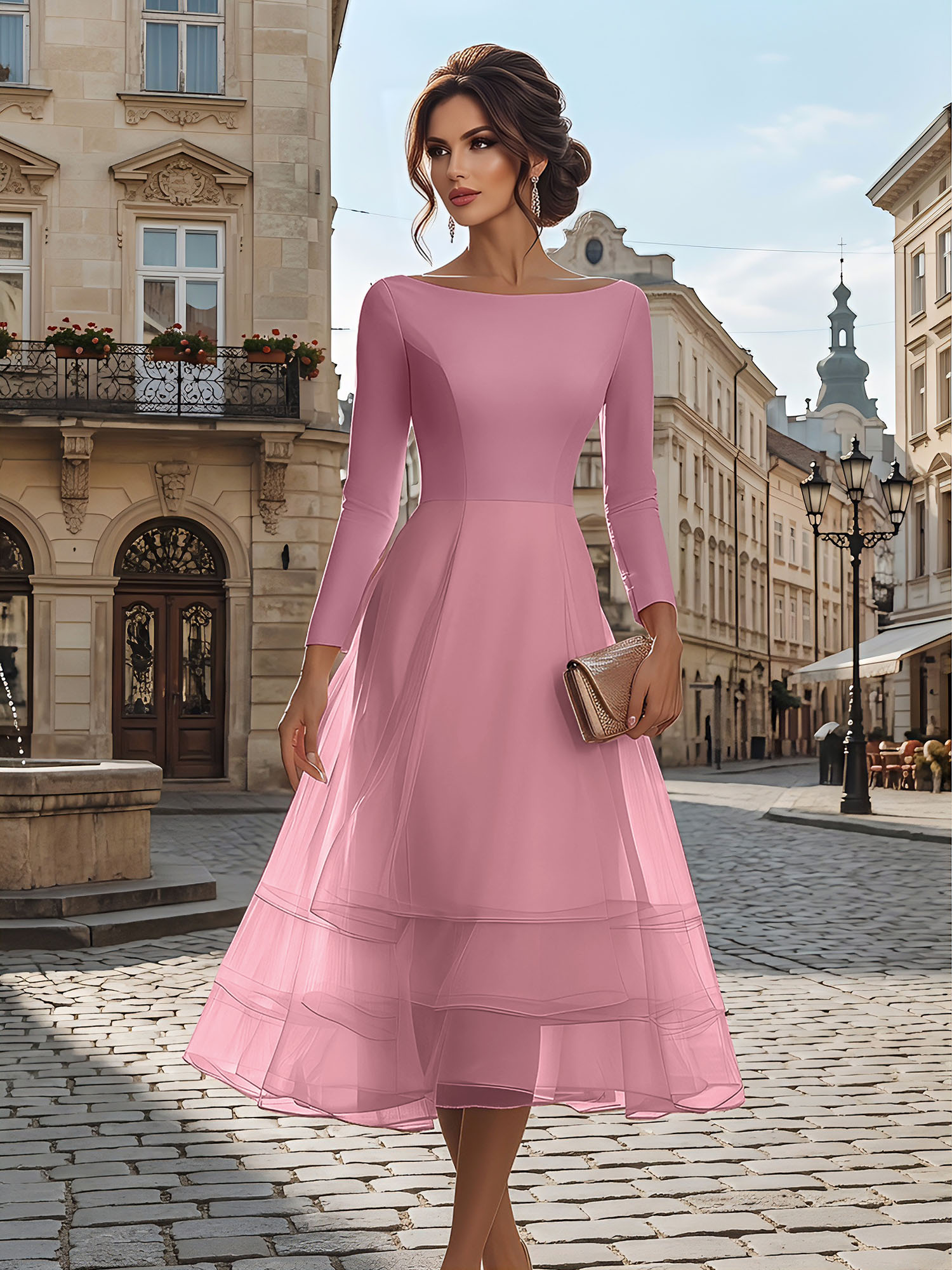 Timeless Evening Foraml Gown Blush Pink Long-Sleeve Layered Organza Midi Dress
