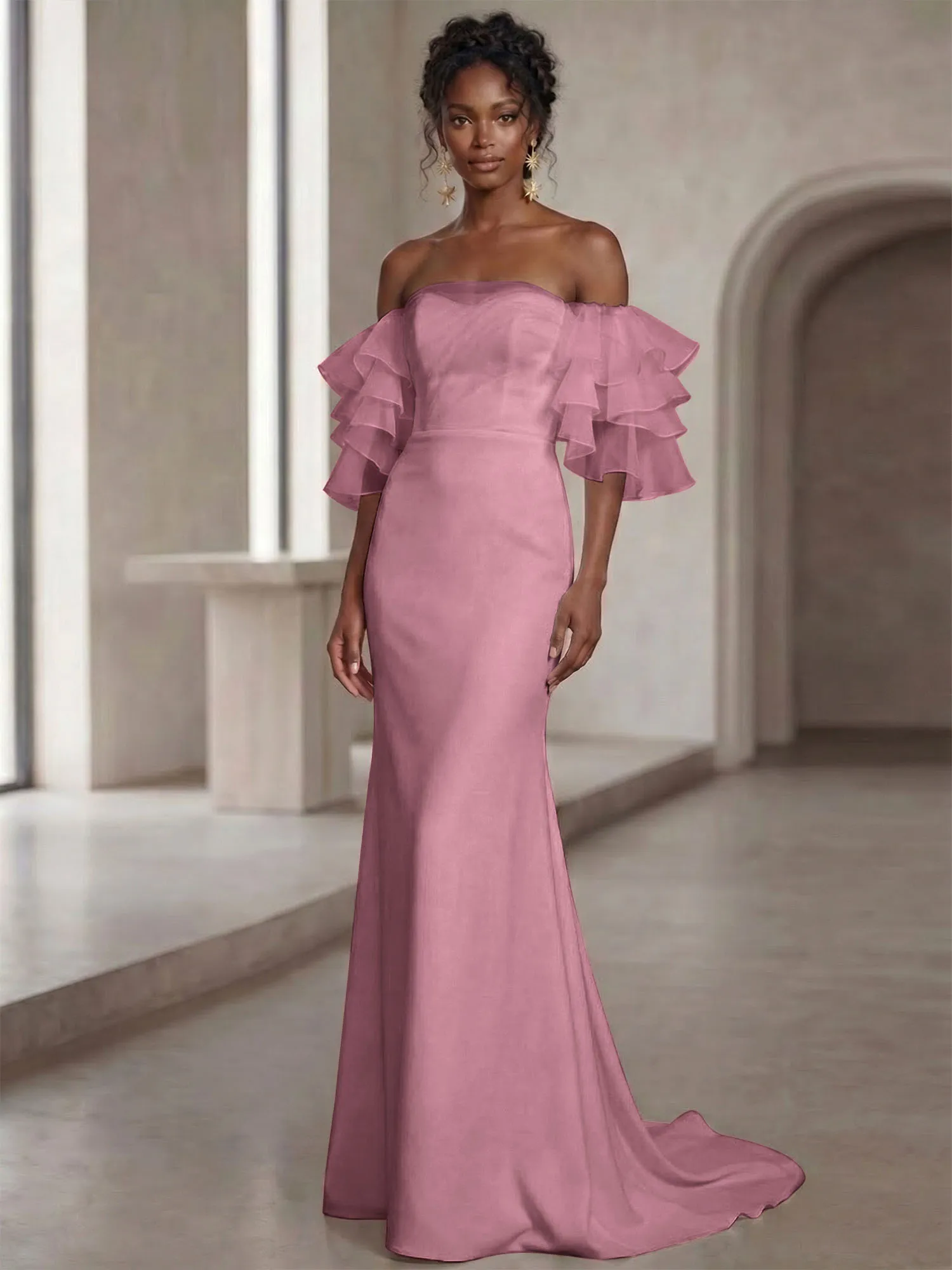 Off-the-Shoulder Tiered Organza Sleeve Mermaid Evening Gown