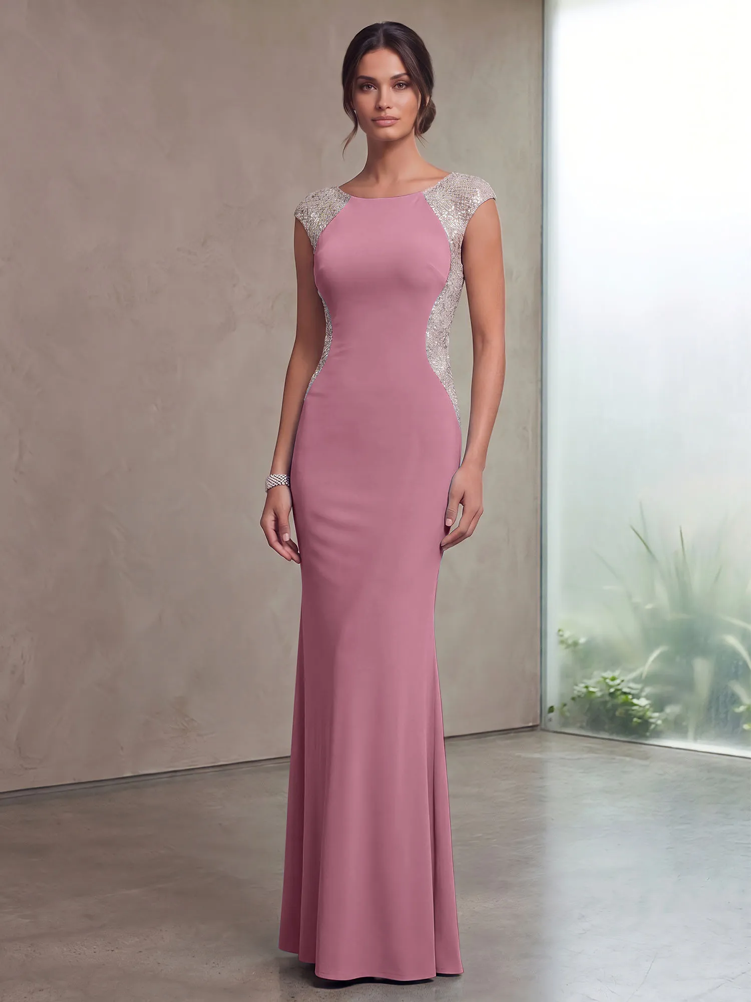 Bateau Neck Sequins Cap Sleeve Mermaid Evening Gown