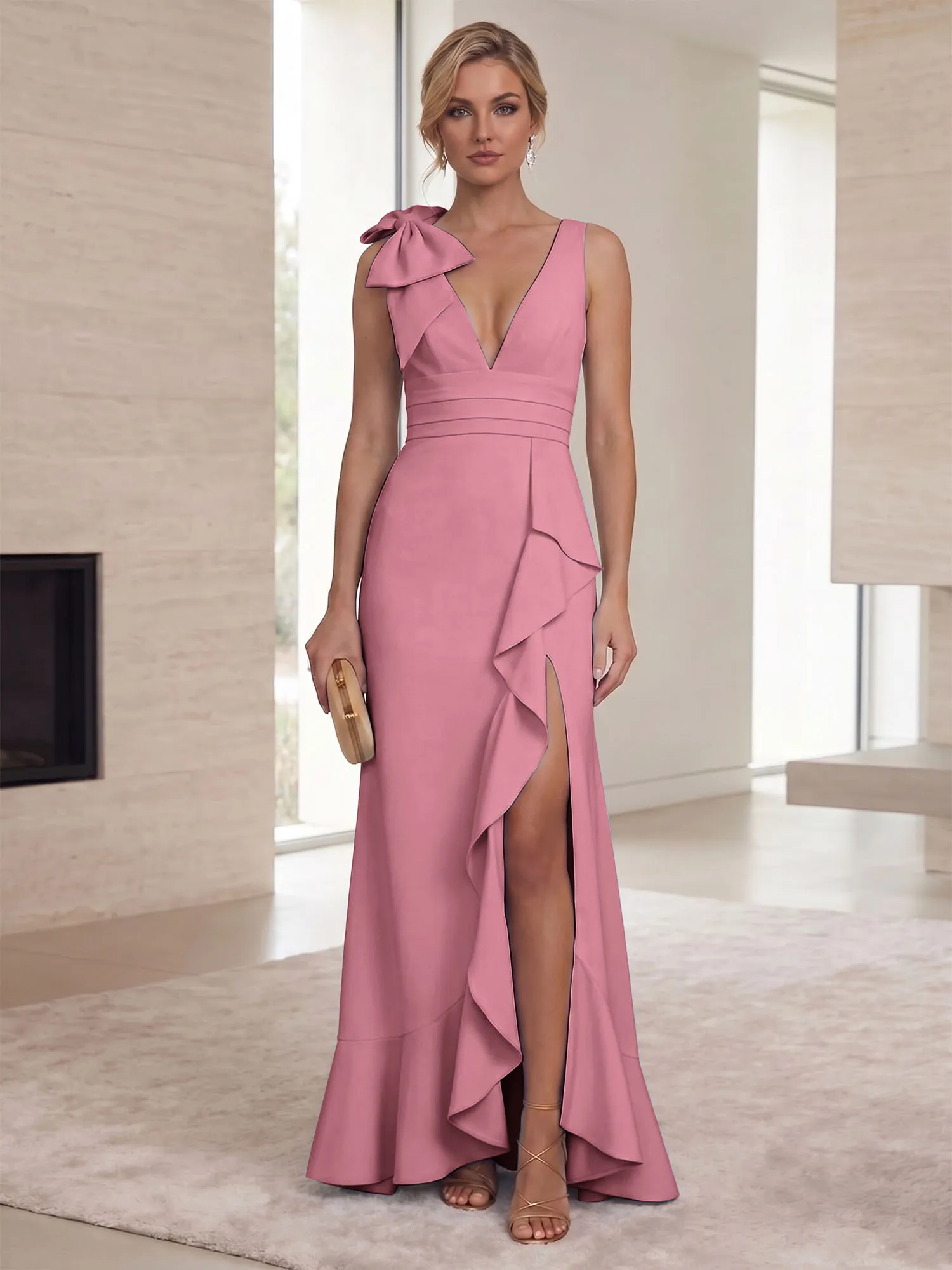 Deep V-Neck Bow-Shoulder Ruffle Slit Mermaid Evening Gown