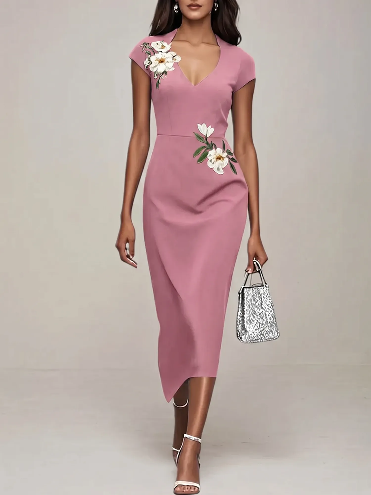 V-Neck Cap Sleeve Floral Embroidered Sheath Evening Dress