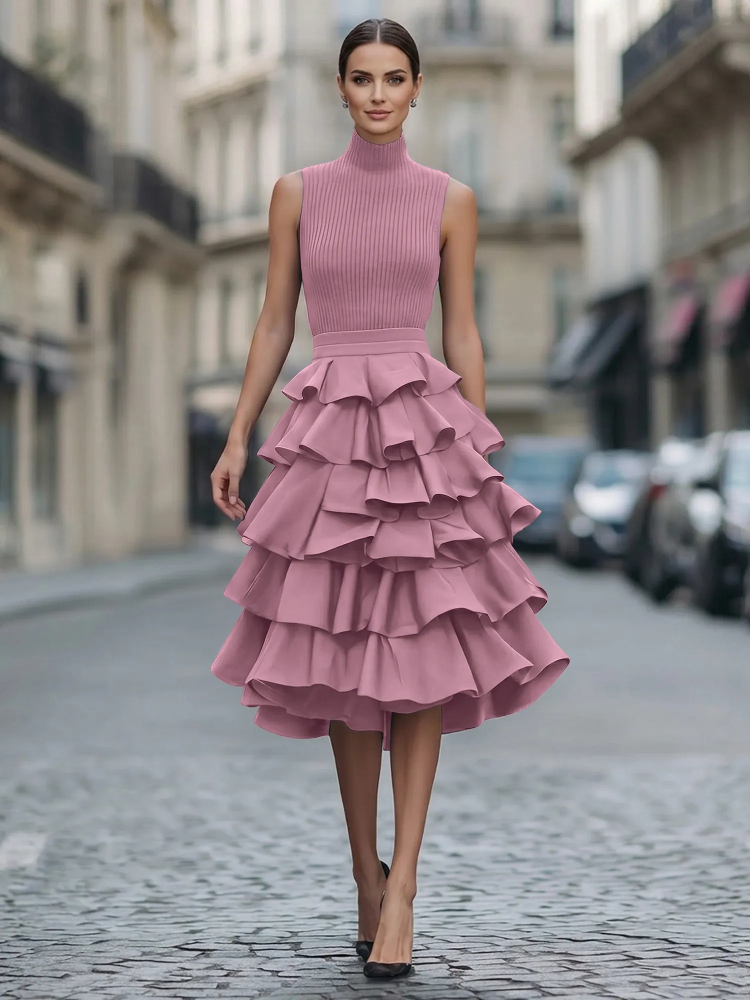 A Line High-Neck Pleated Tiered Evening Dress Maxi Dress