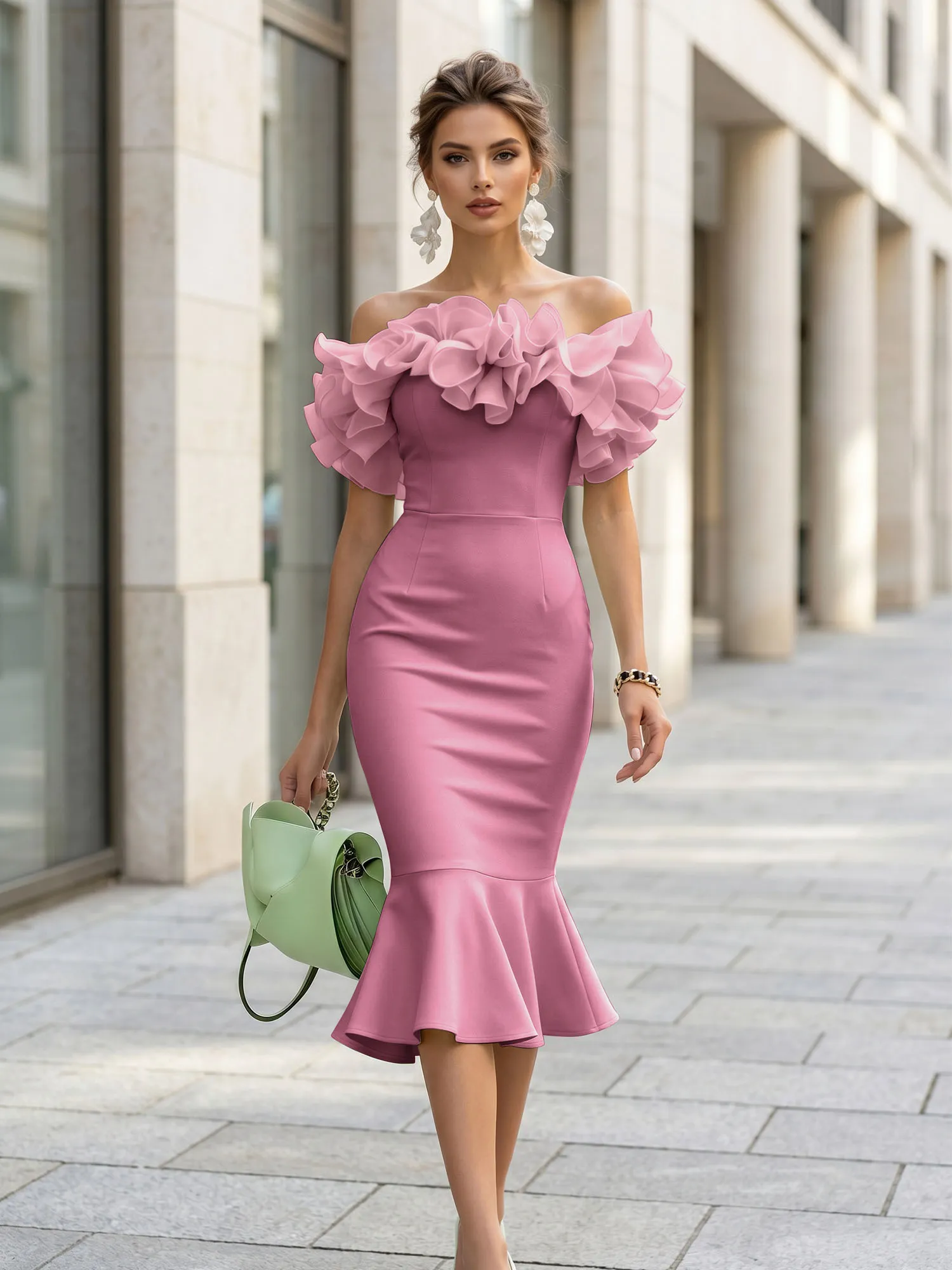 Off-the-Shoulder Ruffle Midi Midi Cocktail Dress Evening Dress