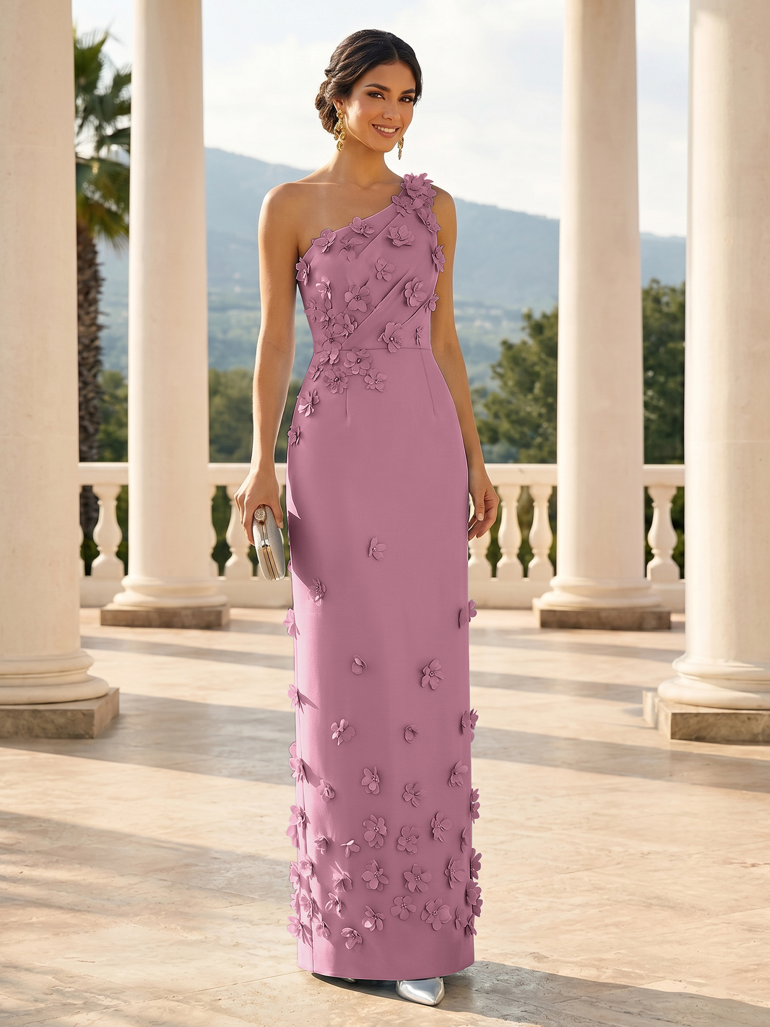 Enchanting Sky Blue One-Shoulder Evening Dress with 3D Floral Appliqués