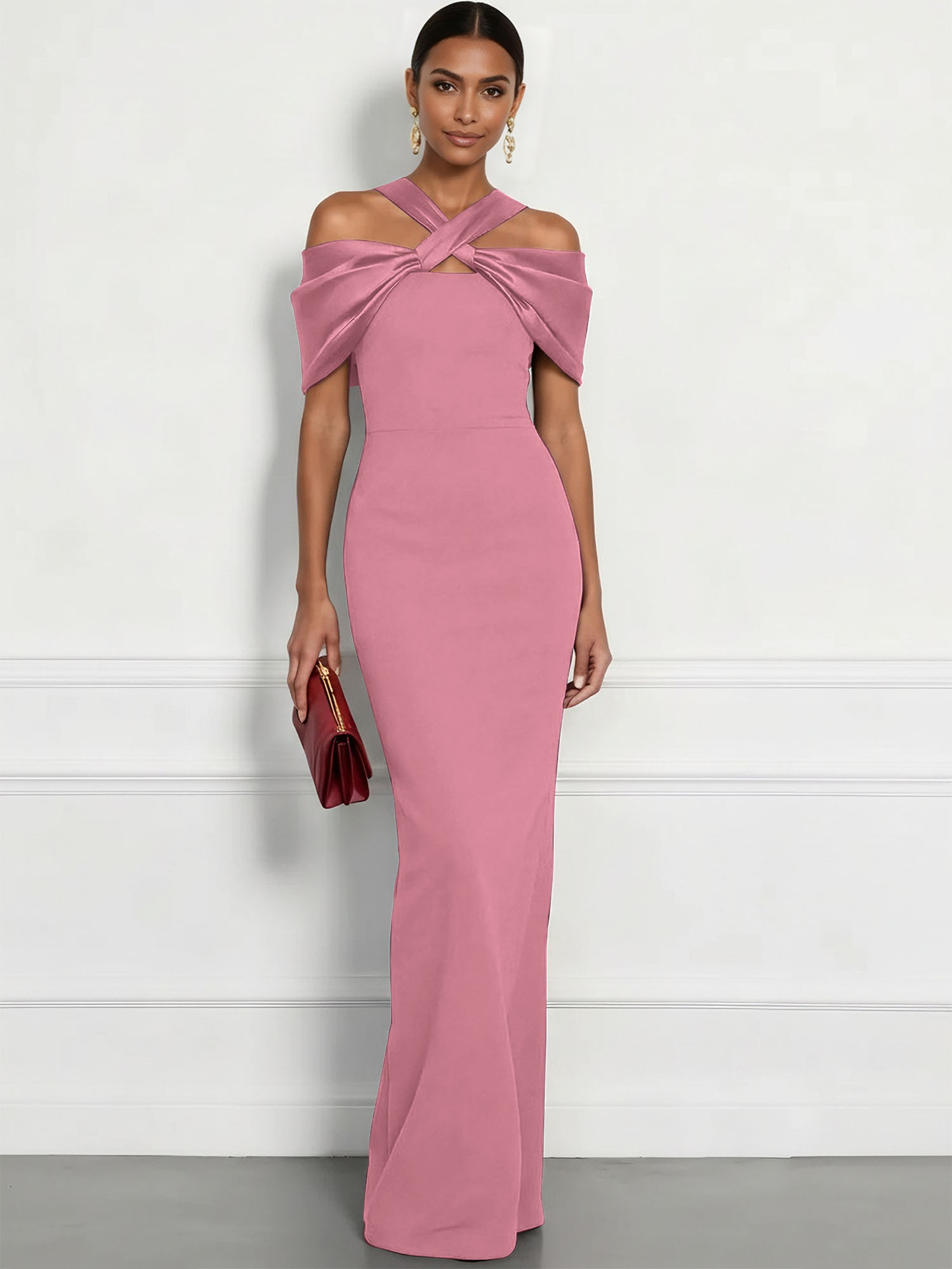  Regal Plum Crepe Column Gown with Satin Criss-Cross Halter Maxi Dress