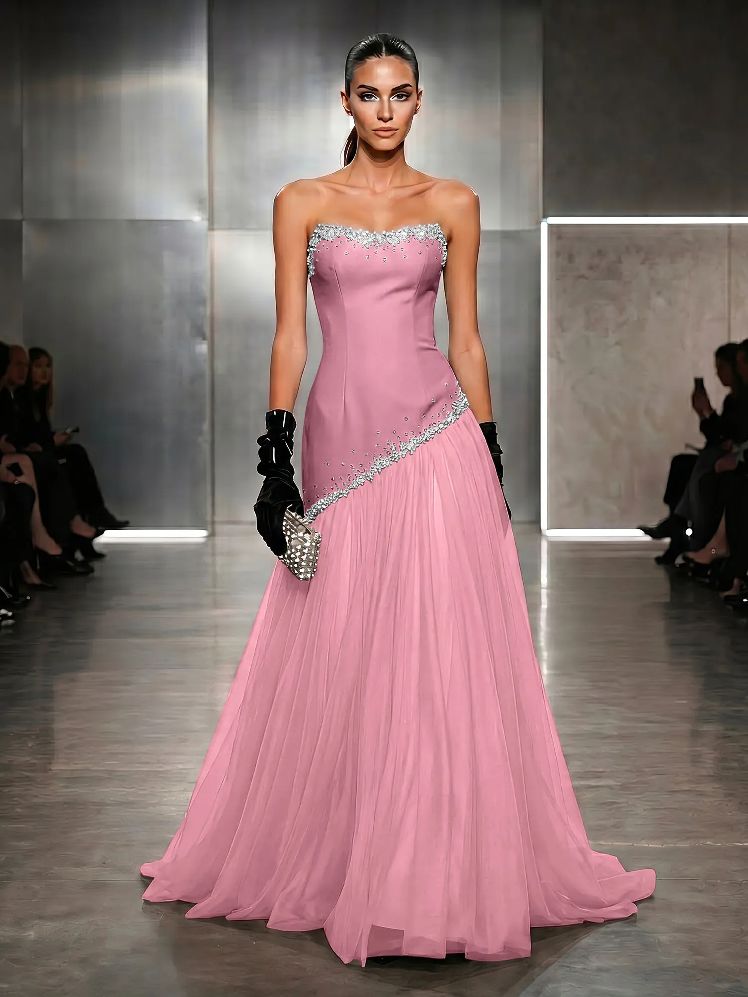 Strapless Tulle Beaded Corset Evening Gown Maxi Dress