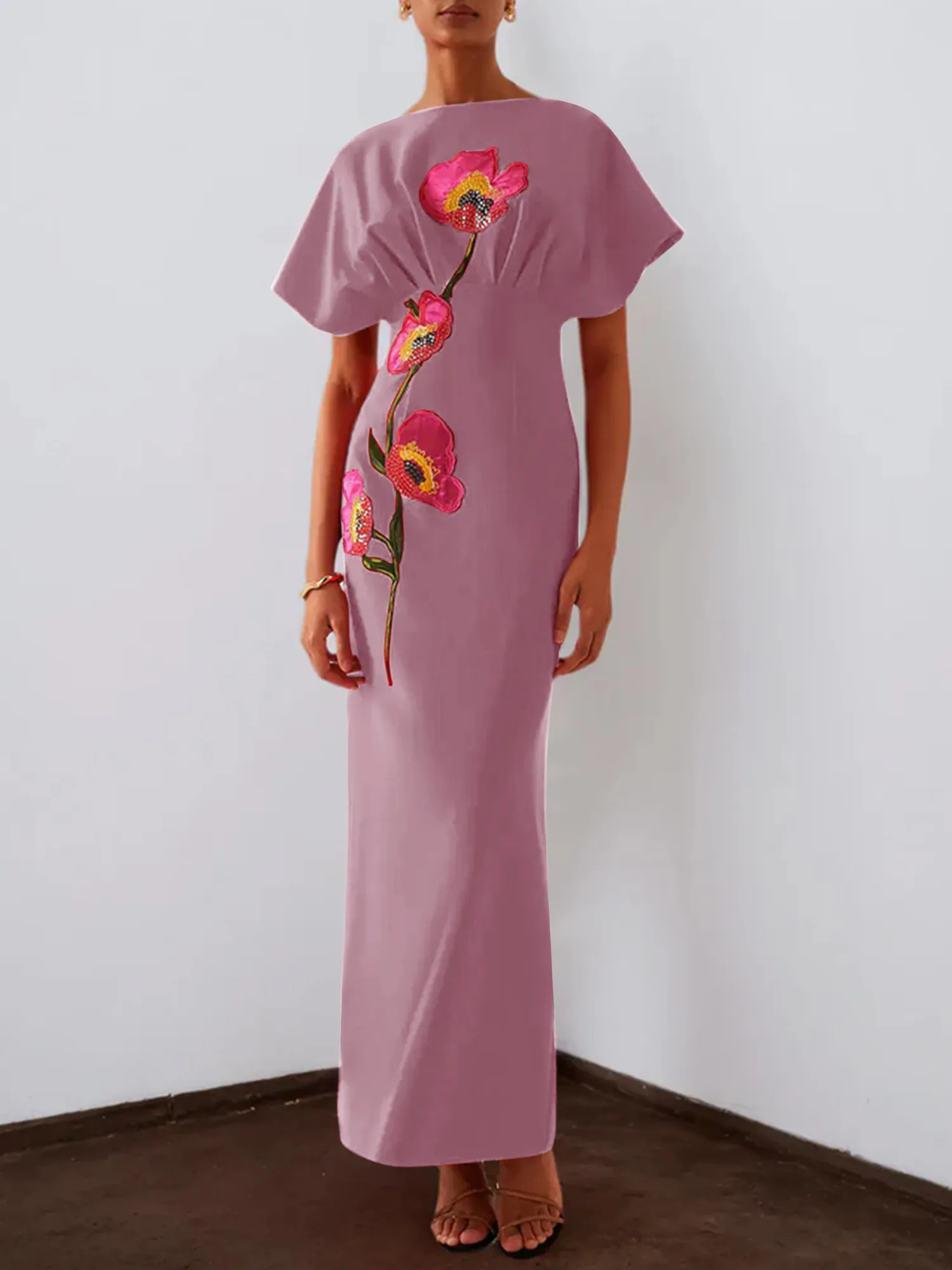 Floral Embroidered Boat Neck Batwing Sleeve Column Evening Gown