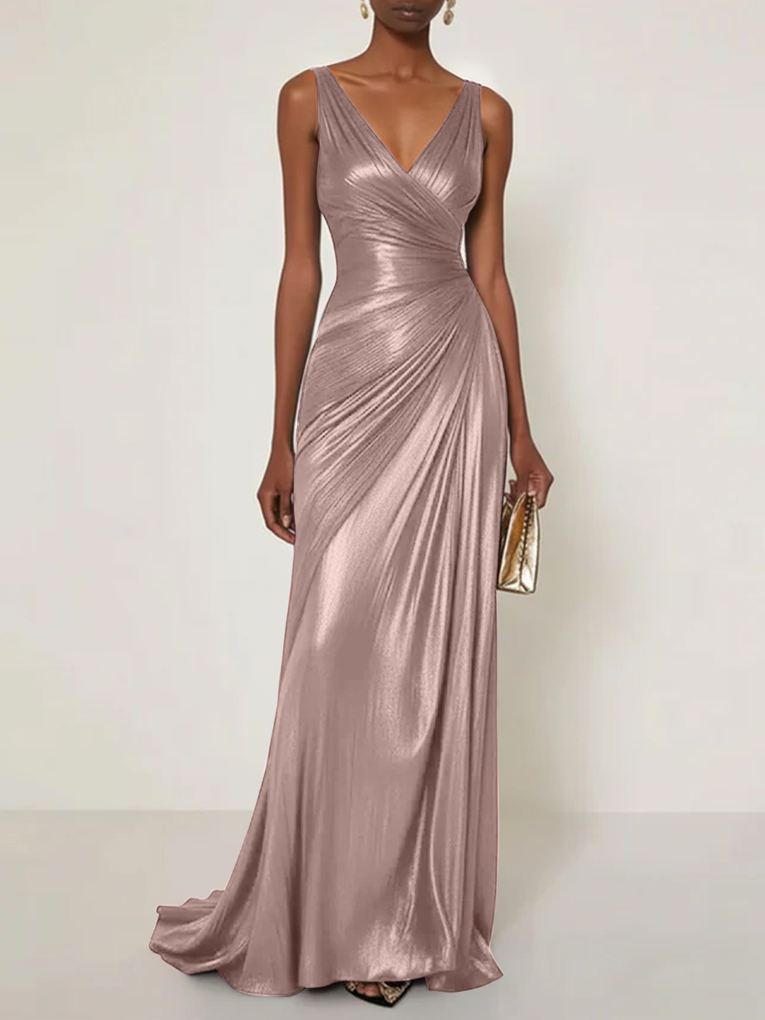 Evening Formal Dress V Neck Silk Ruffles Maxi Dress Gown