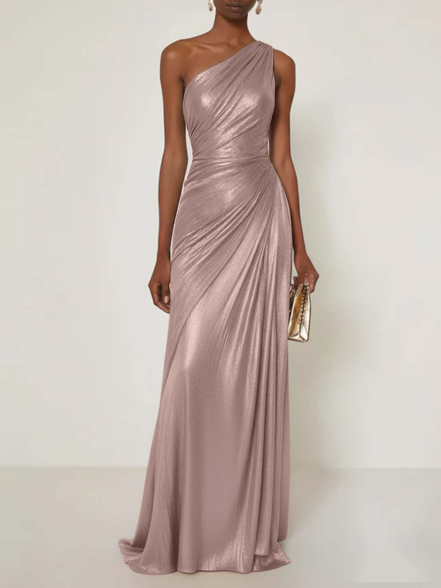Evening Formal Dress V Neck One Shoulder Silk Ruffles Maxi Dress
