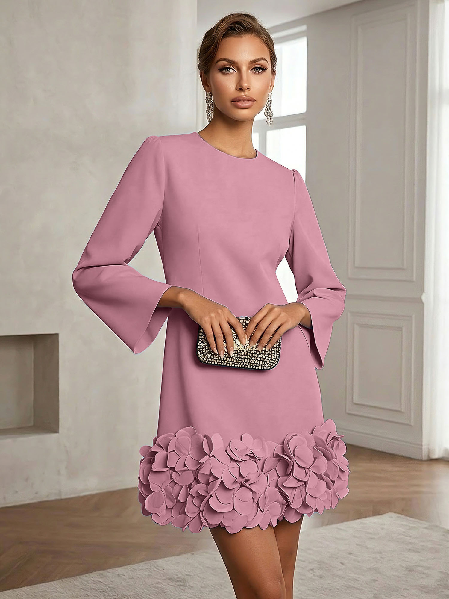 Powder Blue 3D Floral Classic Crew Neck Bell Long Sleeve Shift Mini Dress