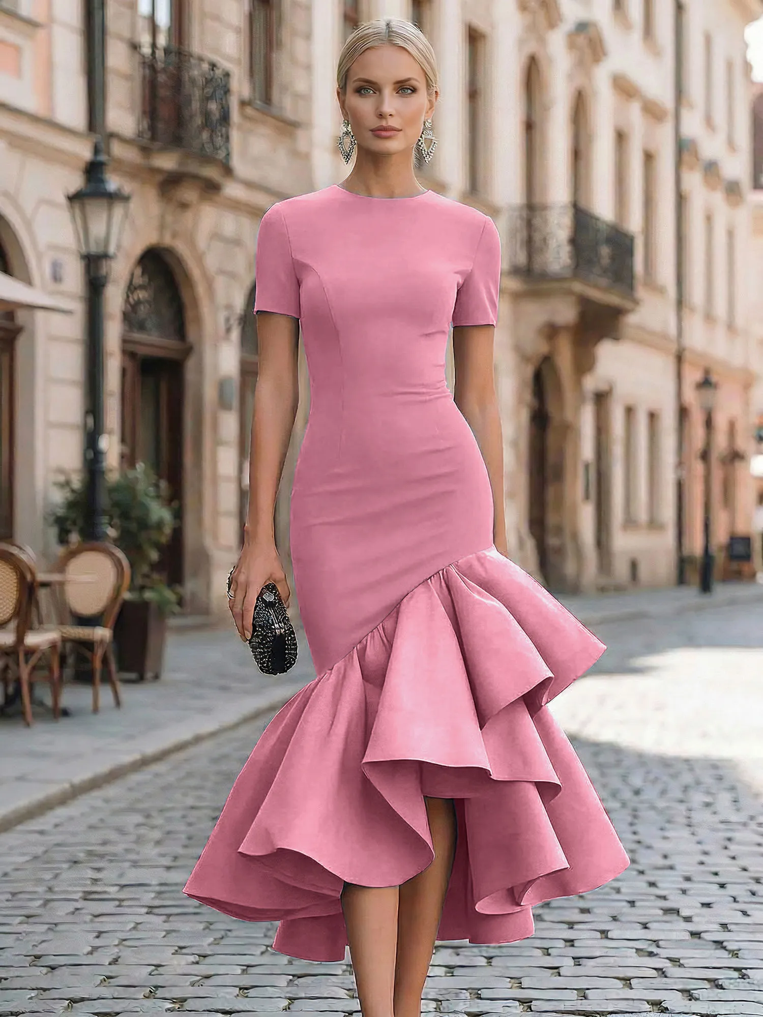 Evening Foraml Gown Avant-Garde Black Short-Sleeve Tiered Ruffle Midi Dress