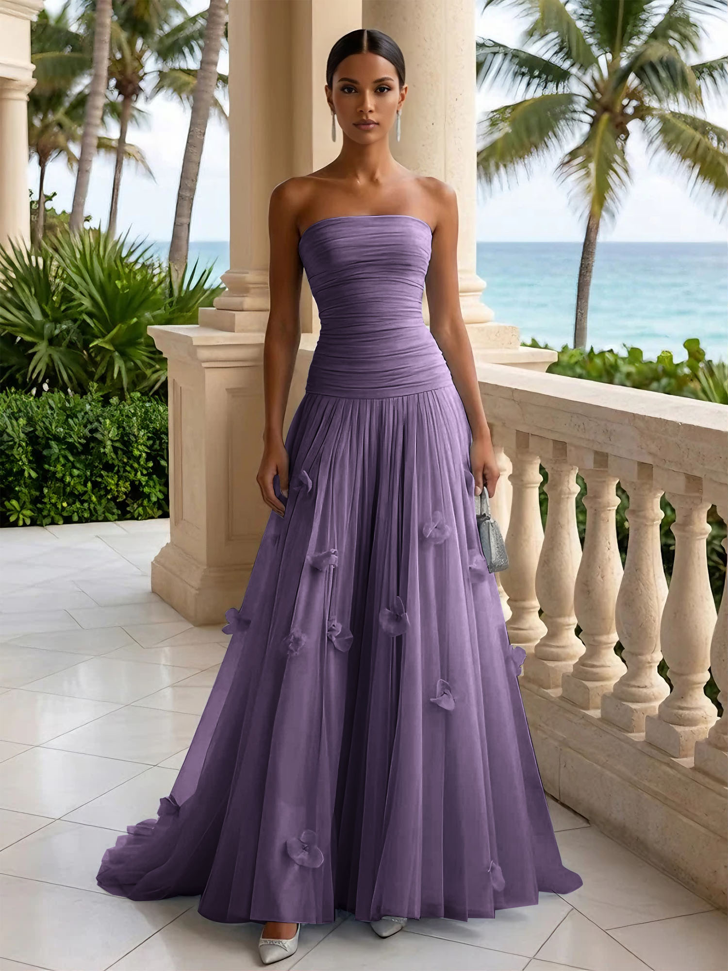 Light Blue Evening Dress with 3D Flower Strapless Pleat Maxi Dress