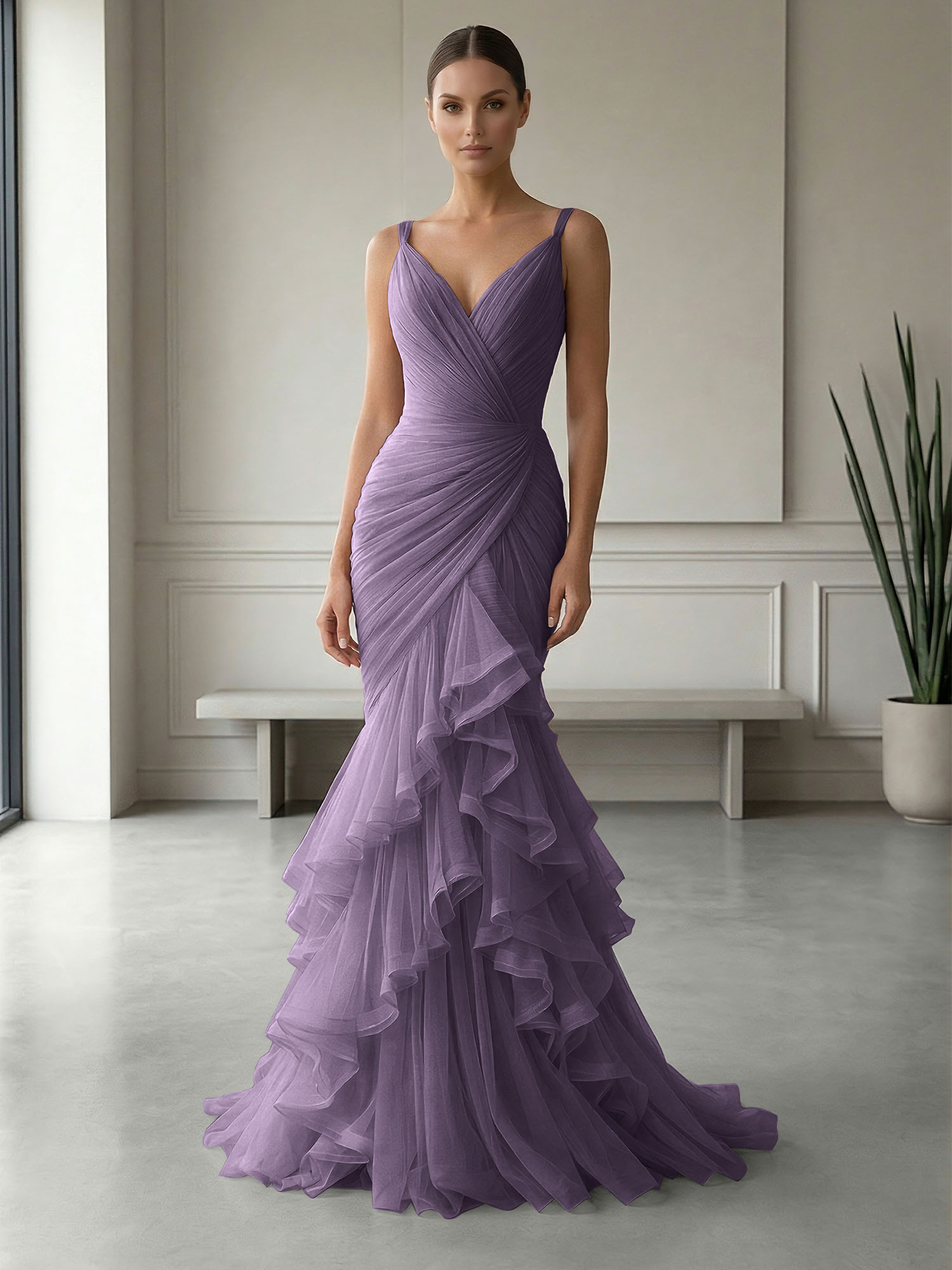 Mauve Folds Tulle Strapless Sleeveless Mermaid Gown Dress