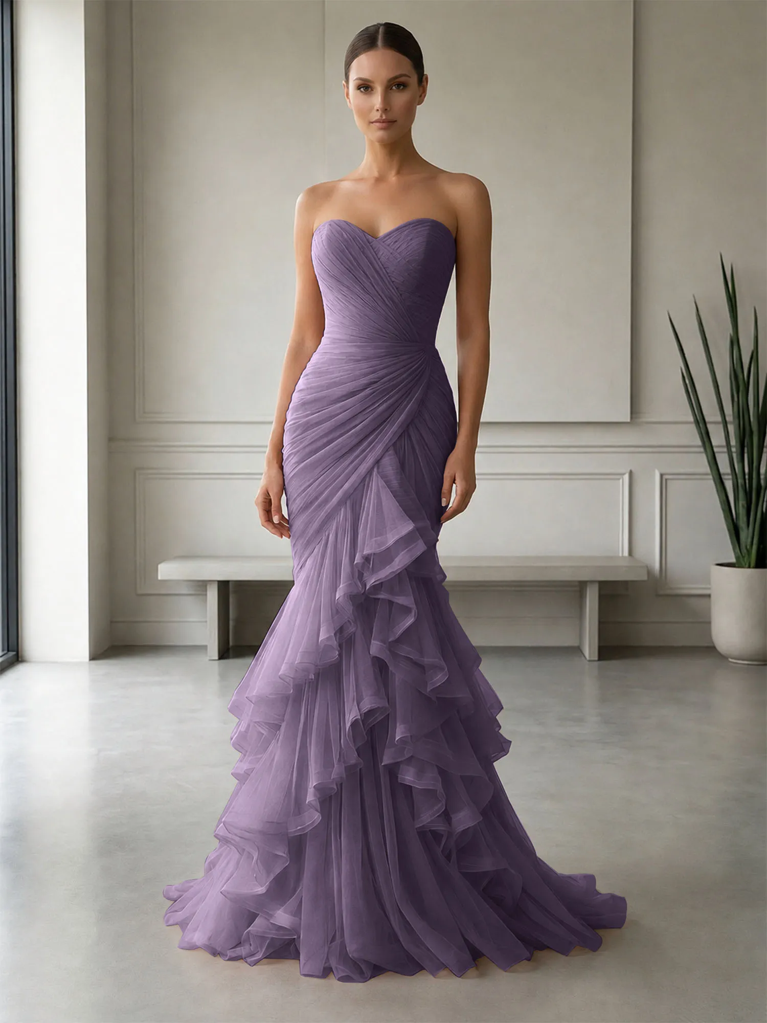 Strapless Ruched Tulle Mermaid Evening Gown Maxi Dress