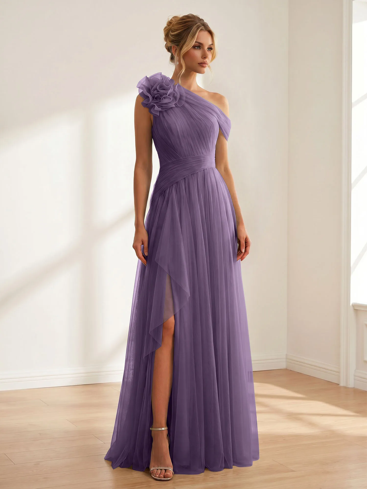 One-Shoulder Tulle Evening Gown with Floral Accent