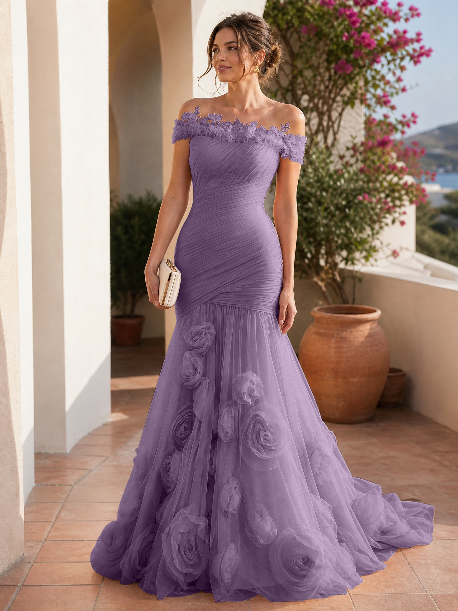Romantic Blushing Rose Off-the-Shoulder Mermaid Formal Evening Dress 