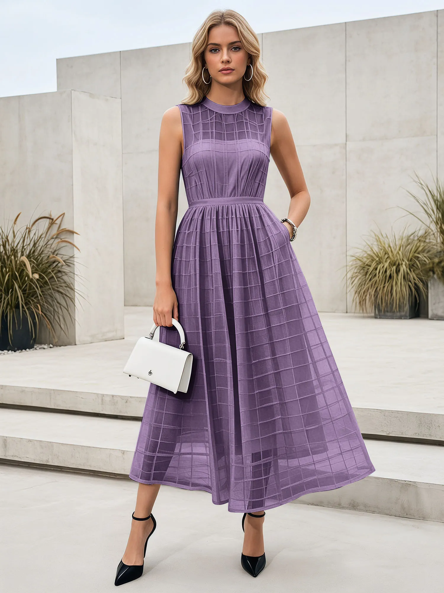Sleeveless Grid Mesh A-Line Midi Evening Dress