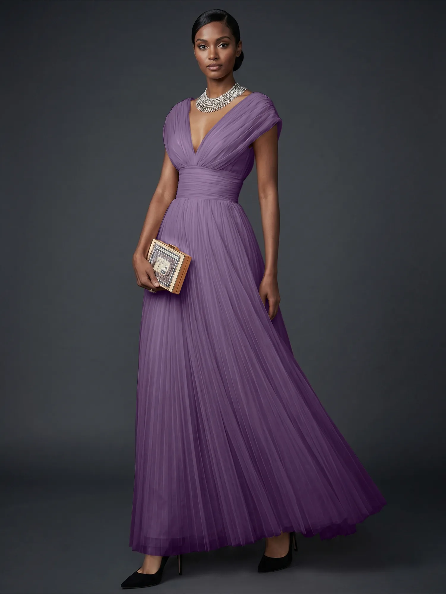 Draped V-Neck Pleated Tulle Evening Gown Maxi Dress