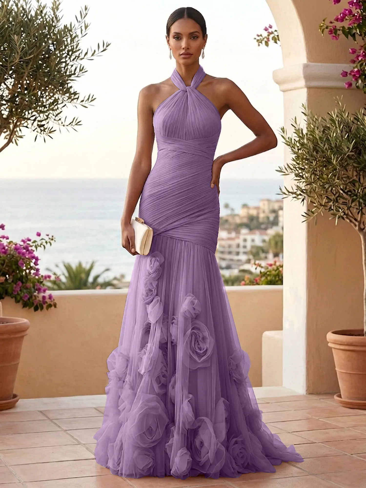 Halter Neck Ruched Tulle Mermaid Gown with 3D Floral Appliqués