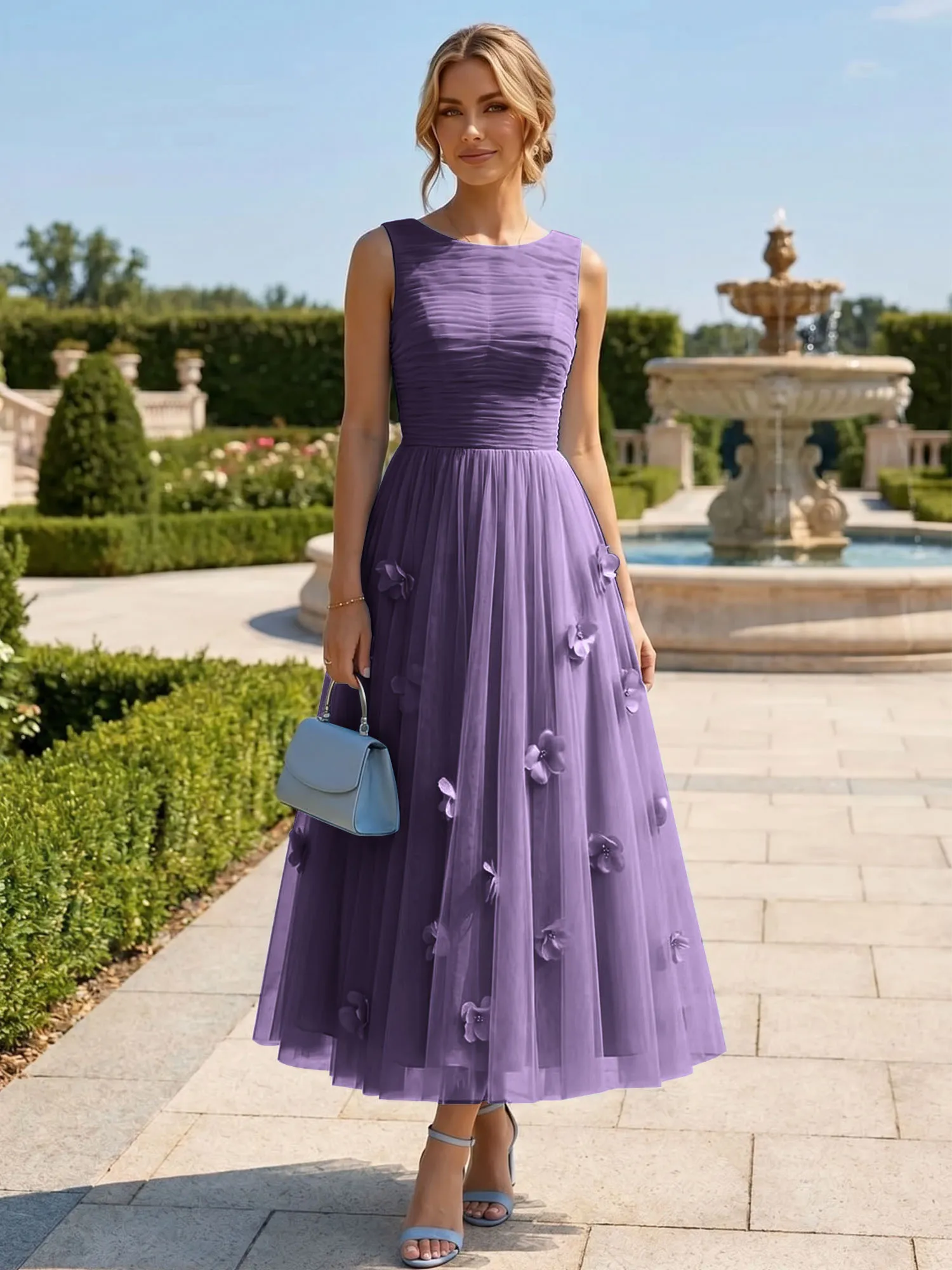 A Line Sleeveless Tulle Midi Dress with 3D Floral Appliqués