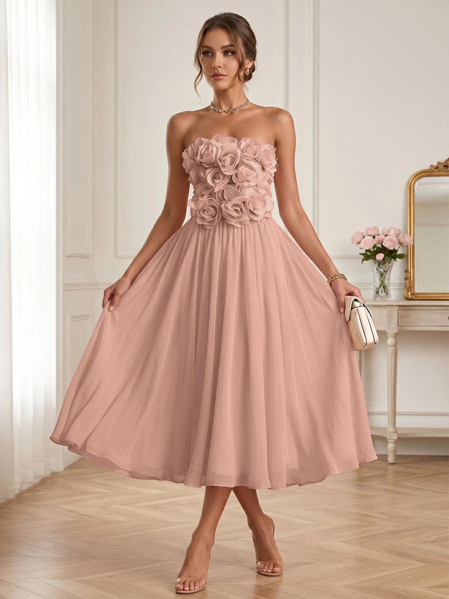 Strapless 3D Floral Chiffon A-Line Midi Formal Dress
