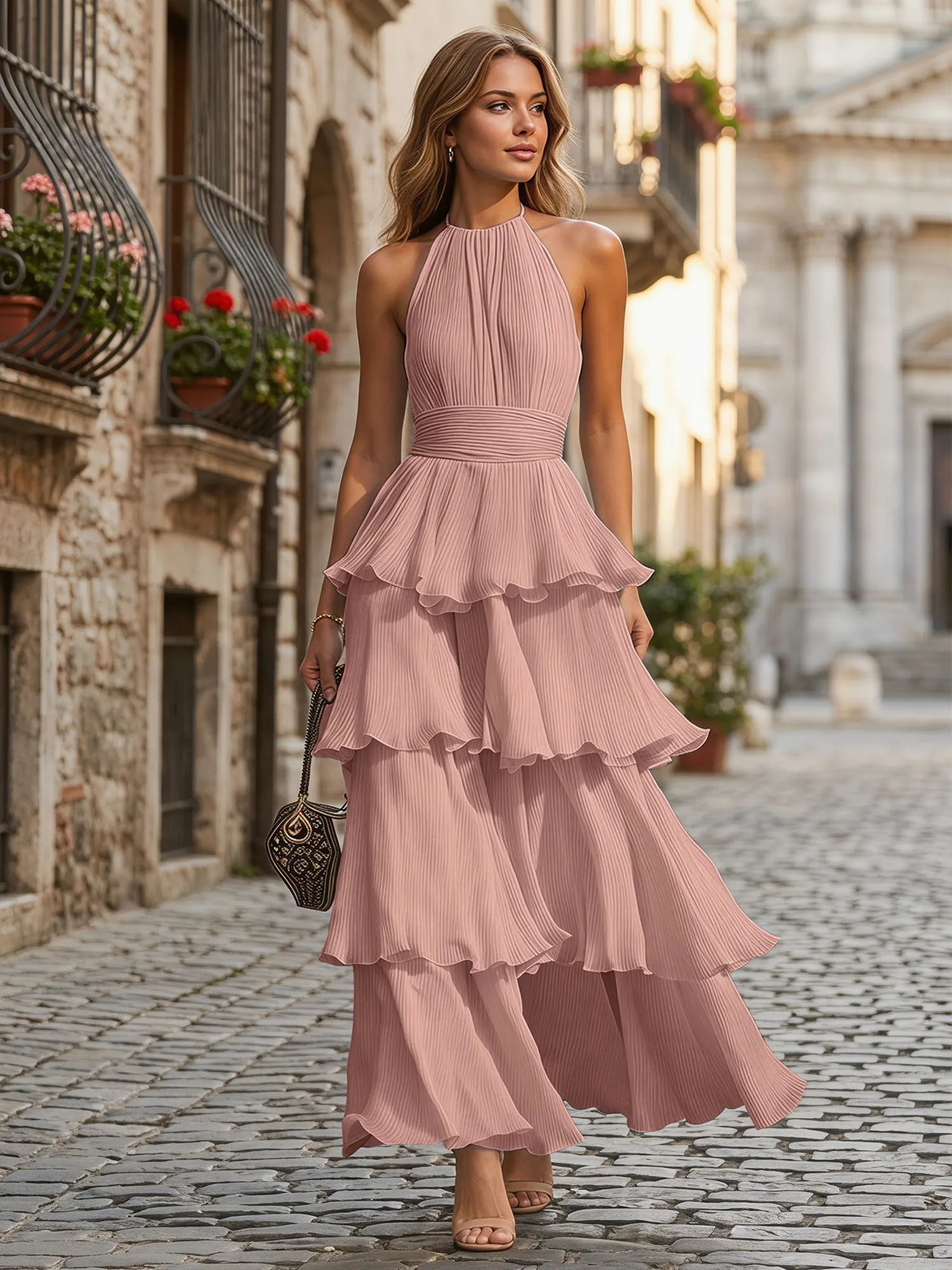 A Line Halter Neck Tiered Ruffle Chiffon Evening Dress