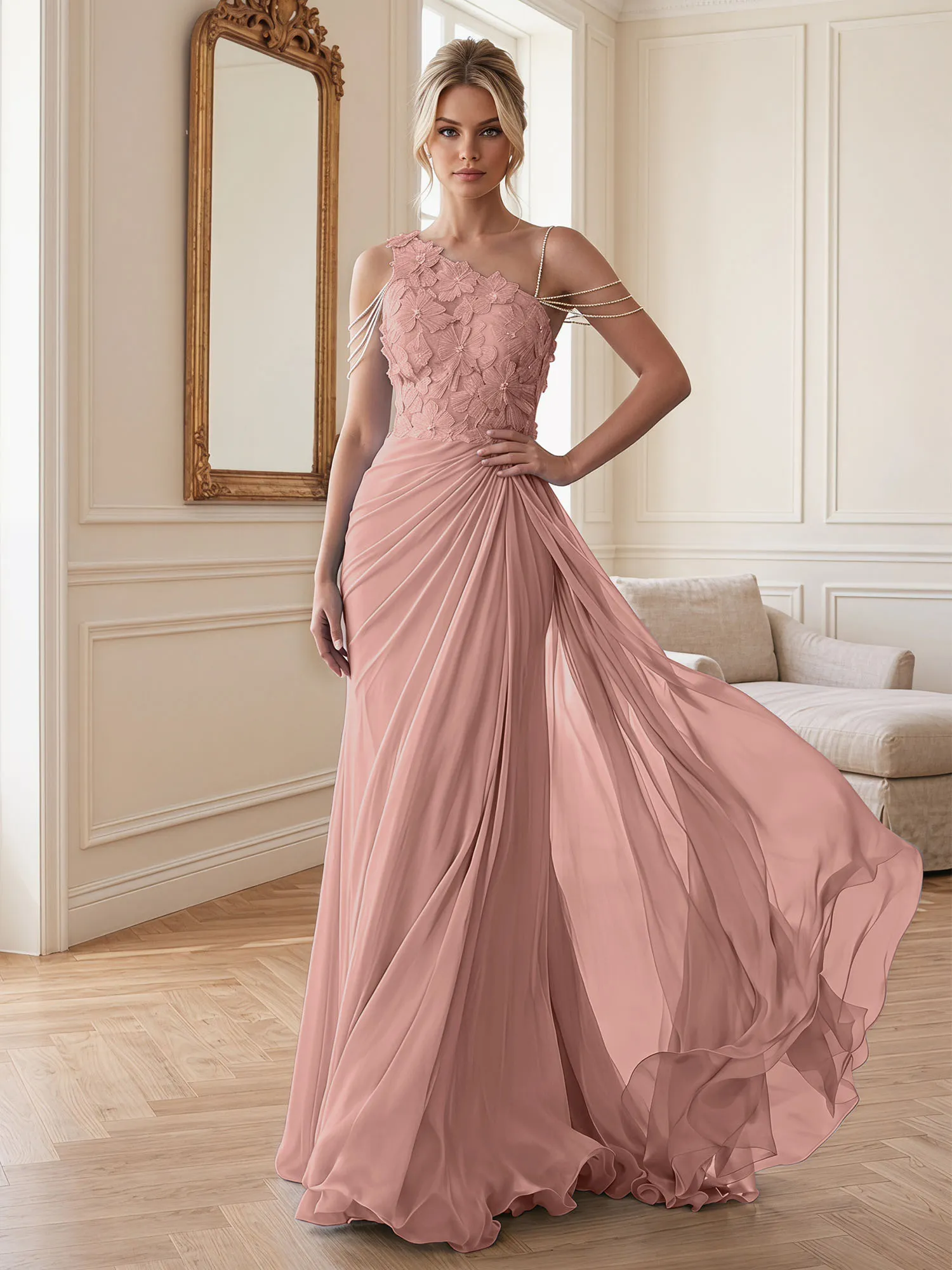 One-Shoulder Floral Lace Chiffon Evening Gown
