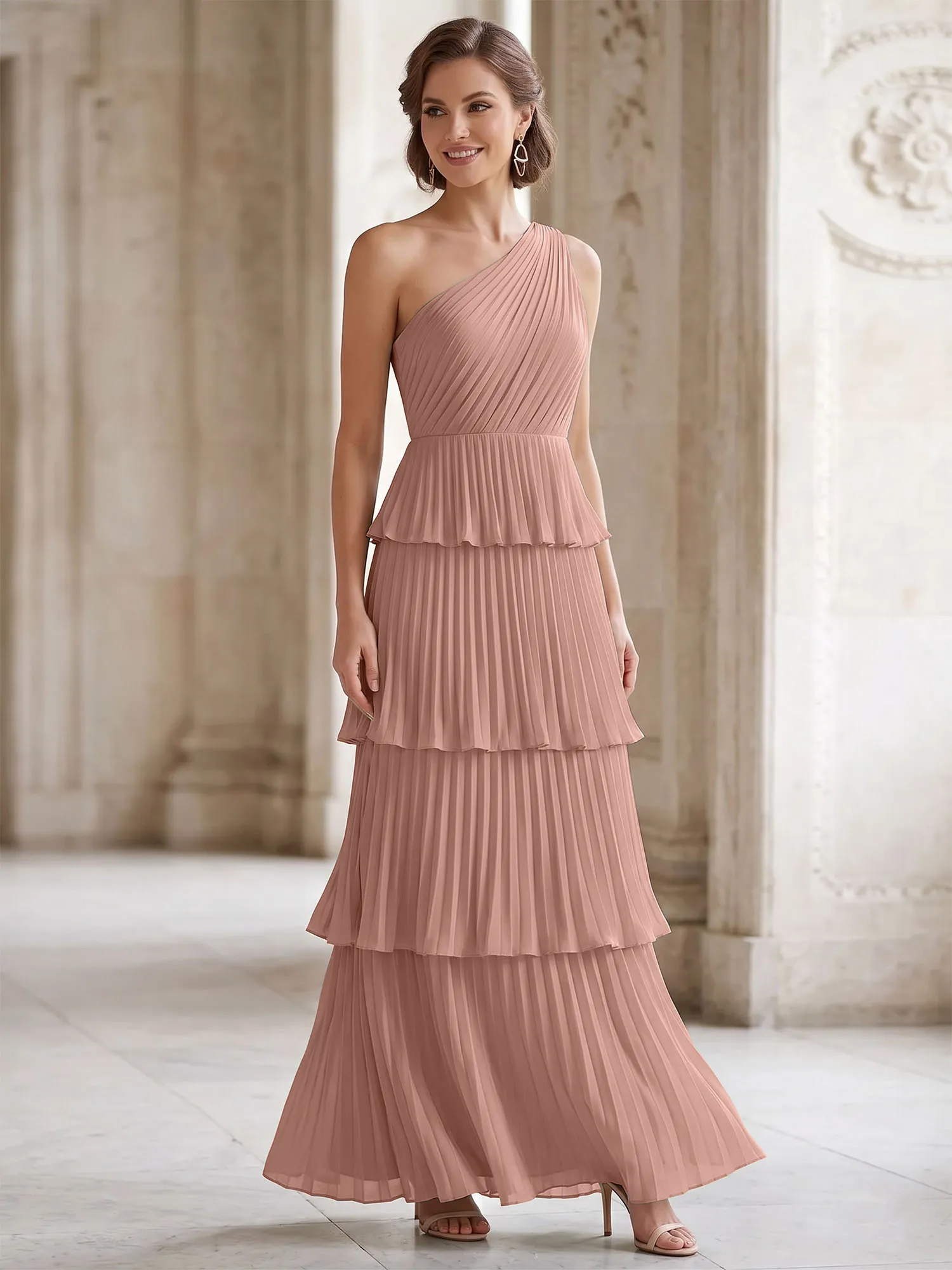 One-Shoulder Tiered Pleated Chiffon Evening Gown