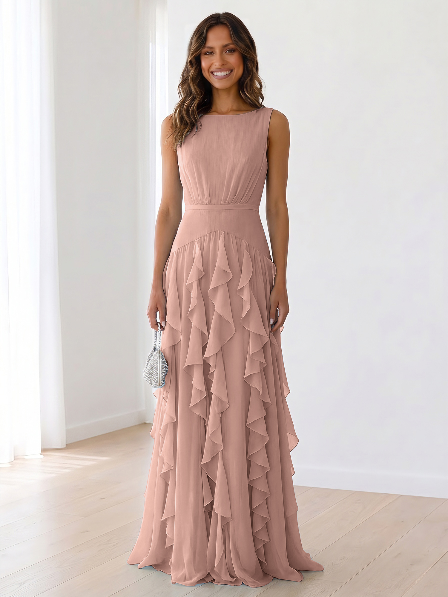 Ethereal Powder Blue Cascading Ruffle Maxi Formal Evening Dress