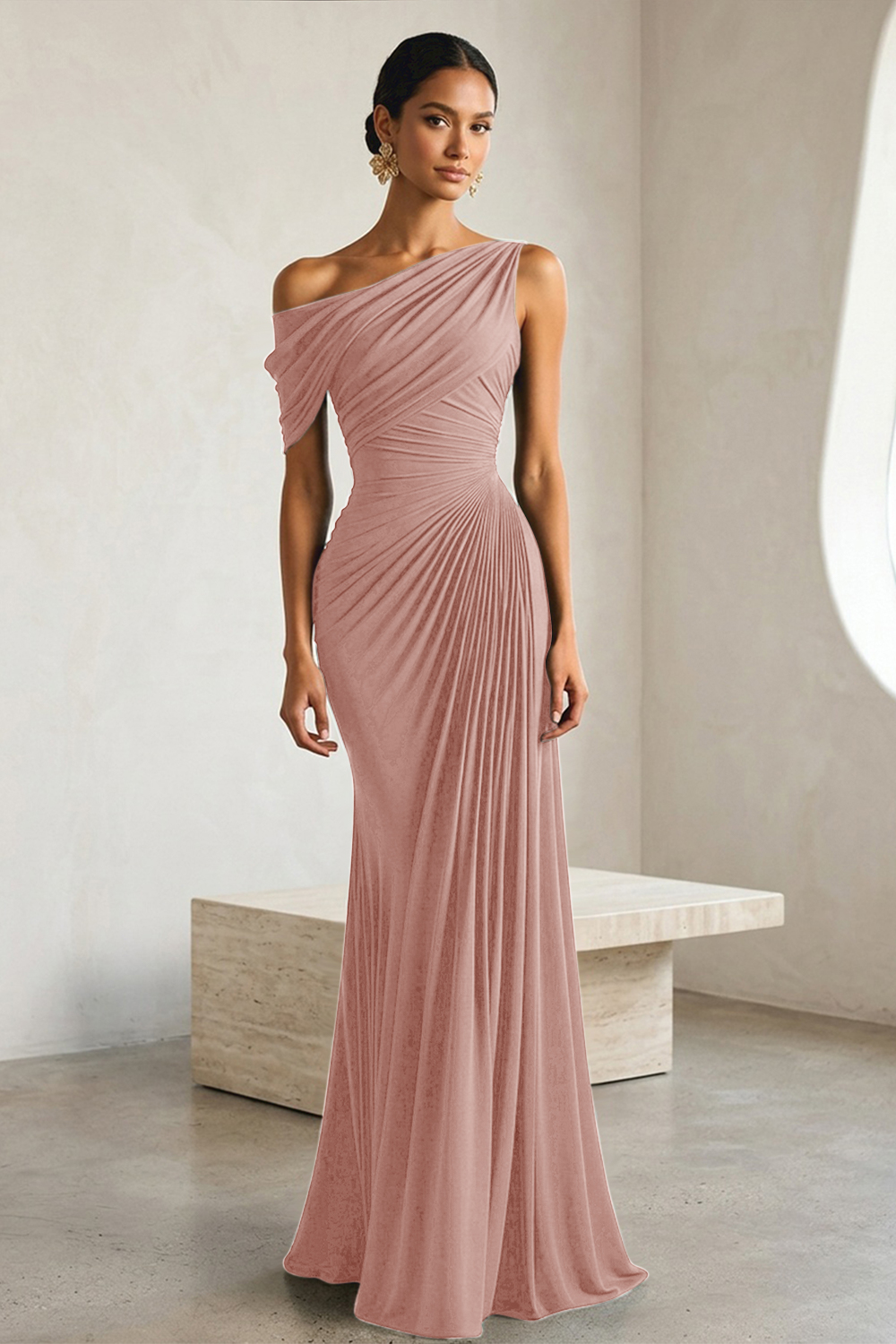 Timeless Black Architectural One-Shoulder Sheath Evening Gown