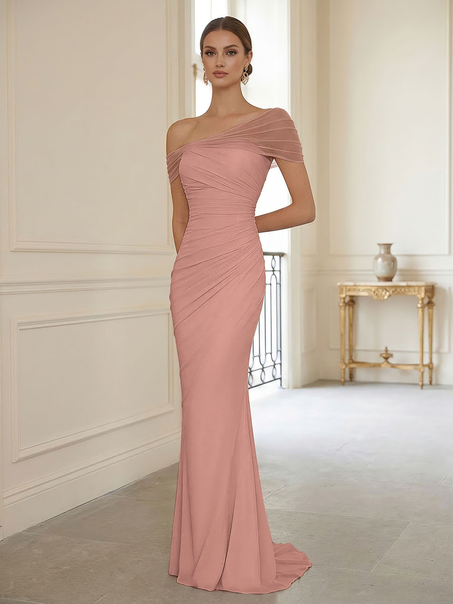 Sophisticated Blush Pink Asymmetrical Ruched Maxi Dress Evening Gown