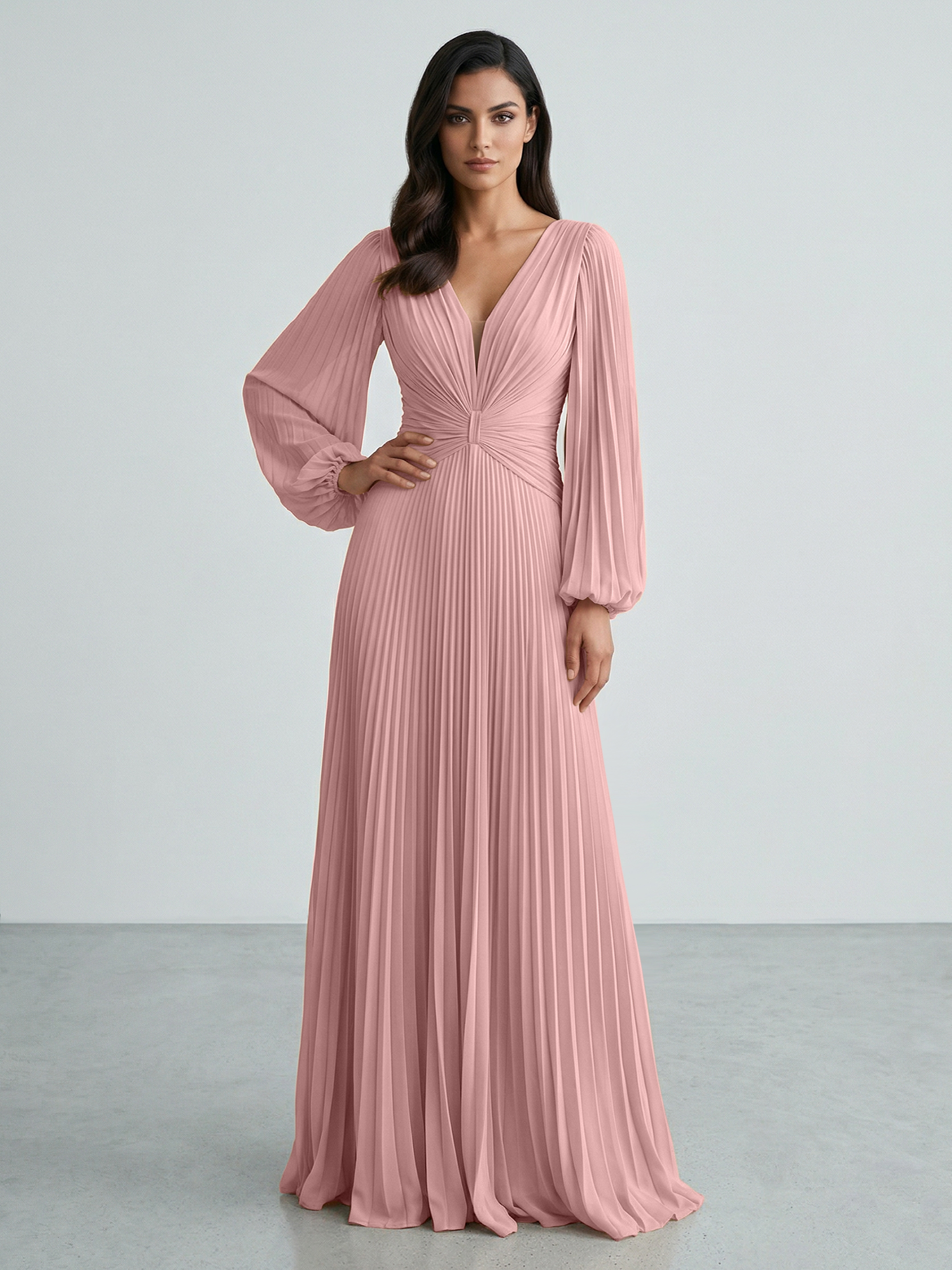 Slate Blue Plunging V-Neck Pleated Long Sleeve Maxi Dress Gown