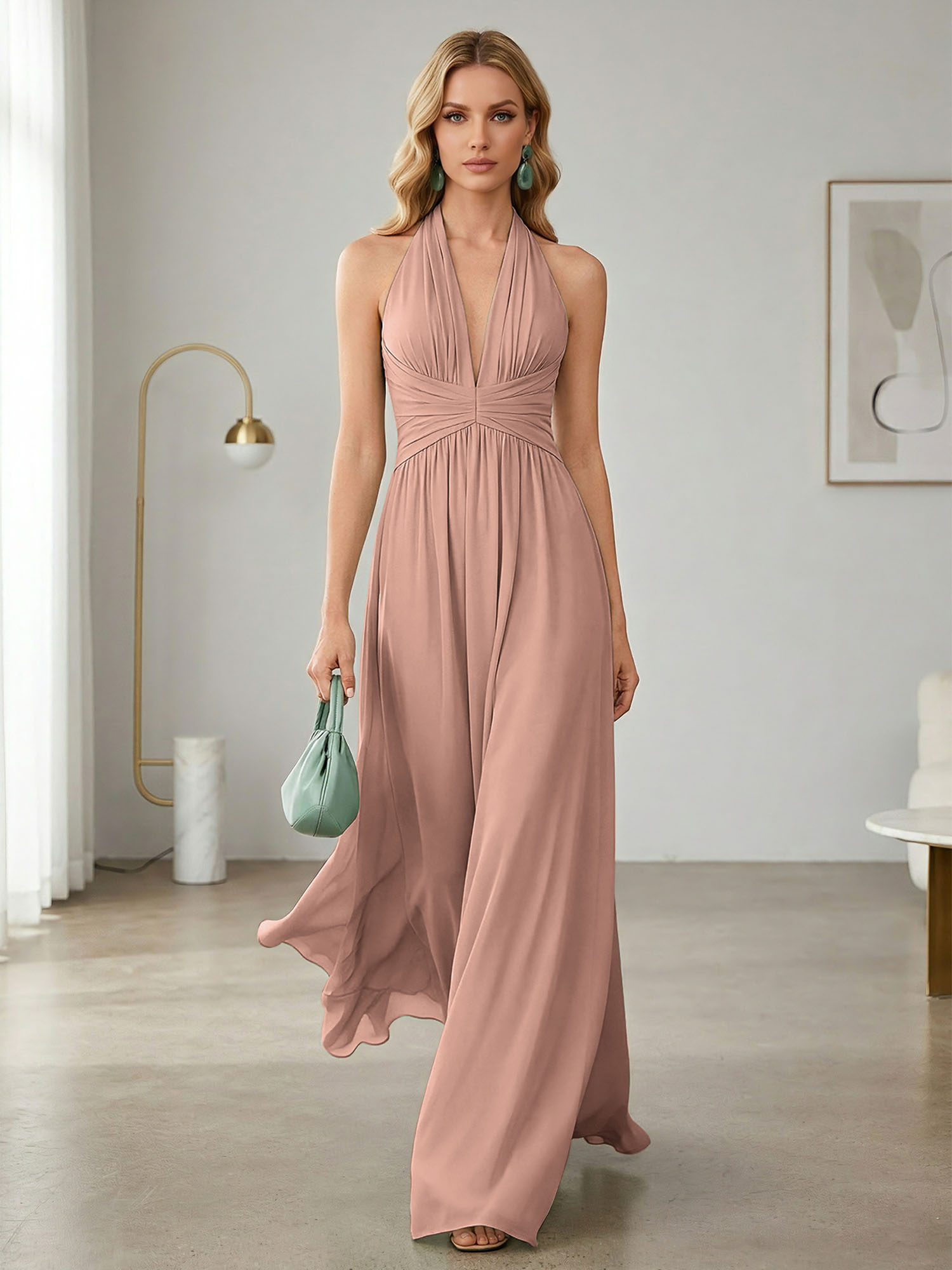 Elegant Sage Green Halter Chiffon Maxi Gown