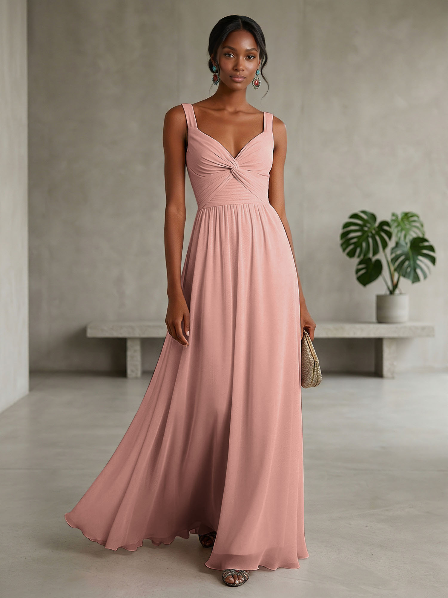 Elegant Soft Blush Twist-Front Chiffon Maxi Gown