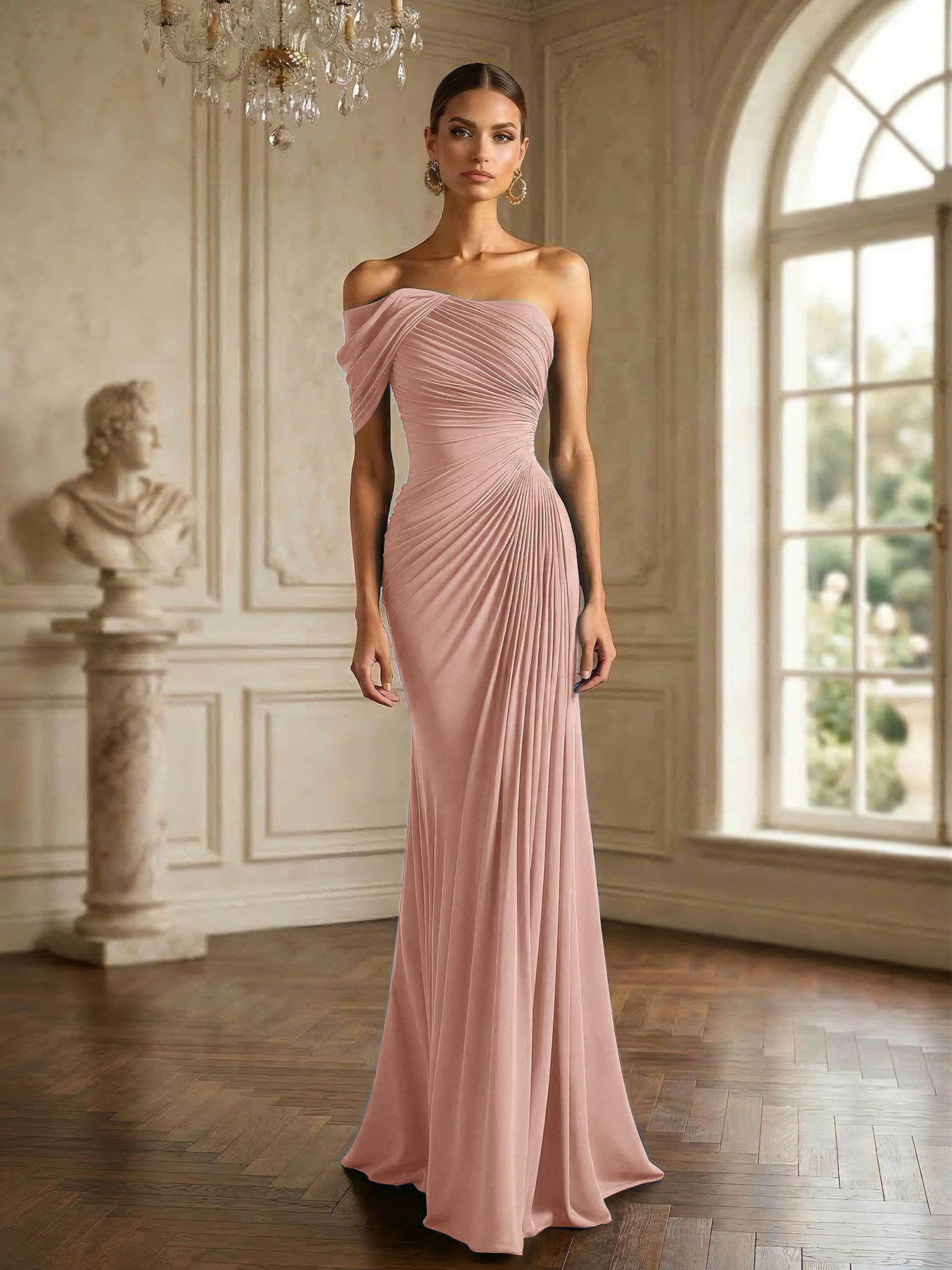 One Shoulder Pleat Mermaid Chiffon Evening Dresses for Women Gown